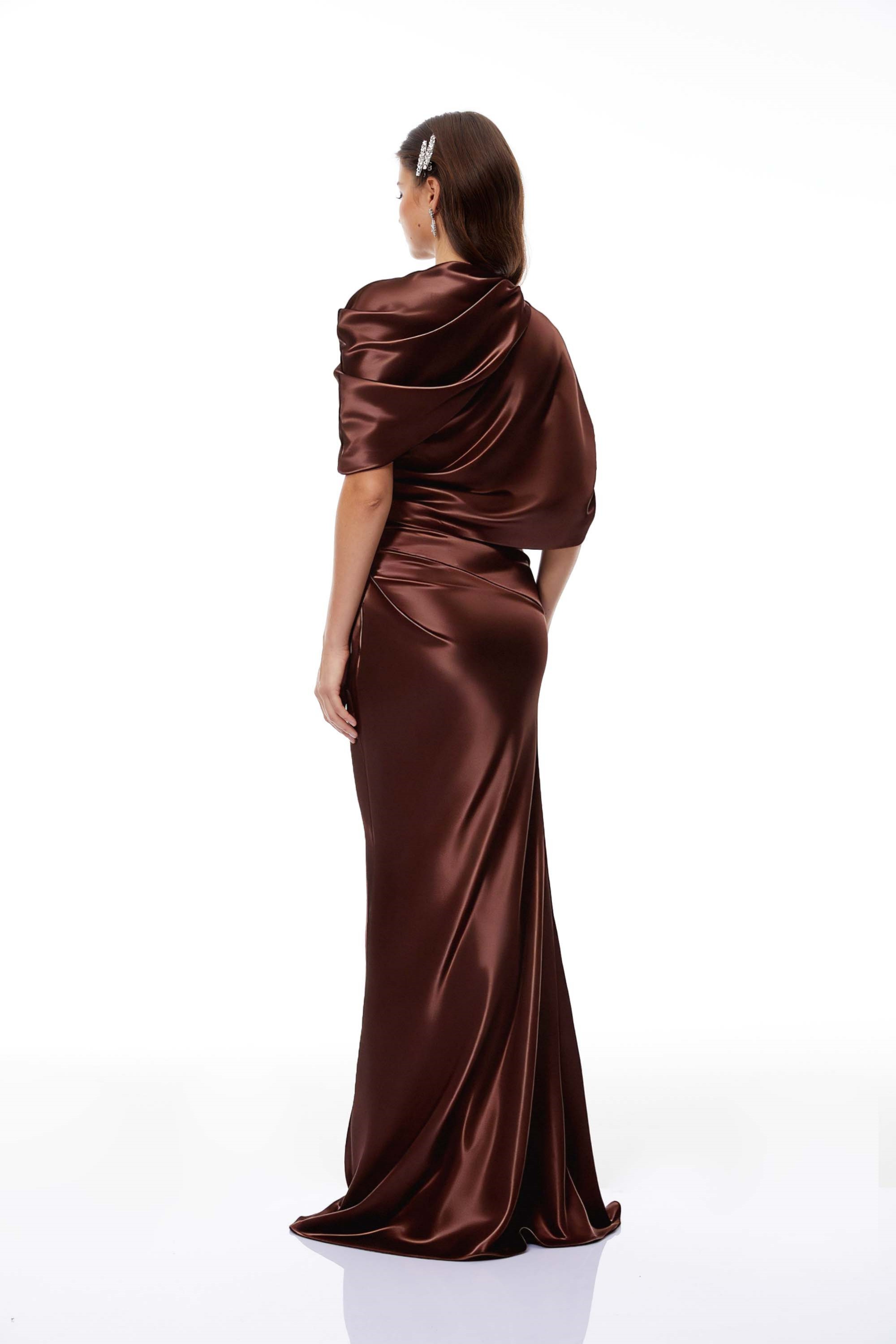 Luisa Brown Asymmetrical Gathered Satin Maxi Dress (Final Sale-US Only)
