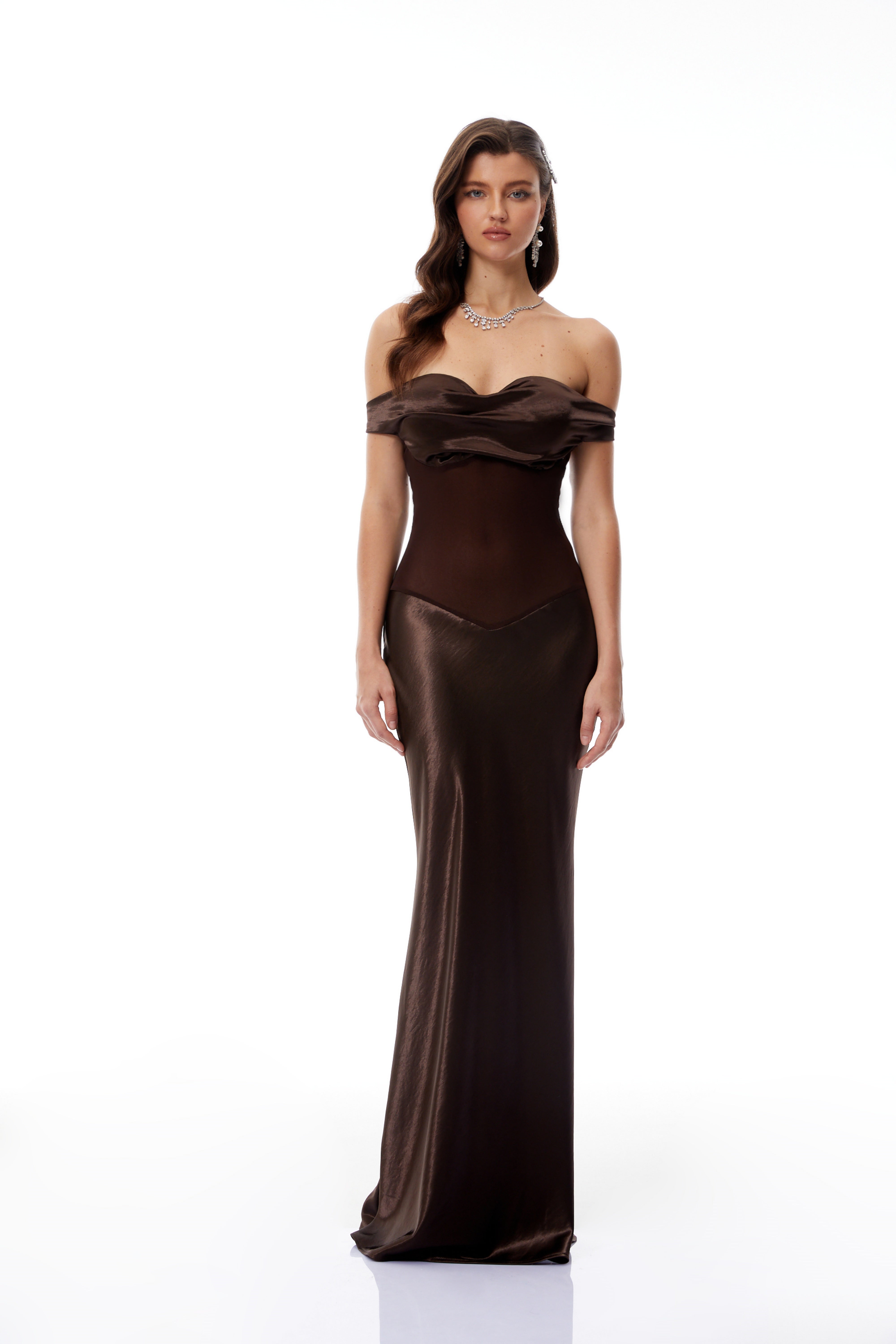 Gitta Brown Off Shoulder Satin Maxi Gown (Final Sale-US Only)