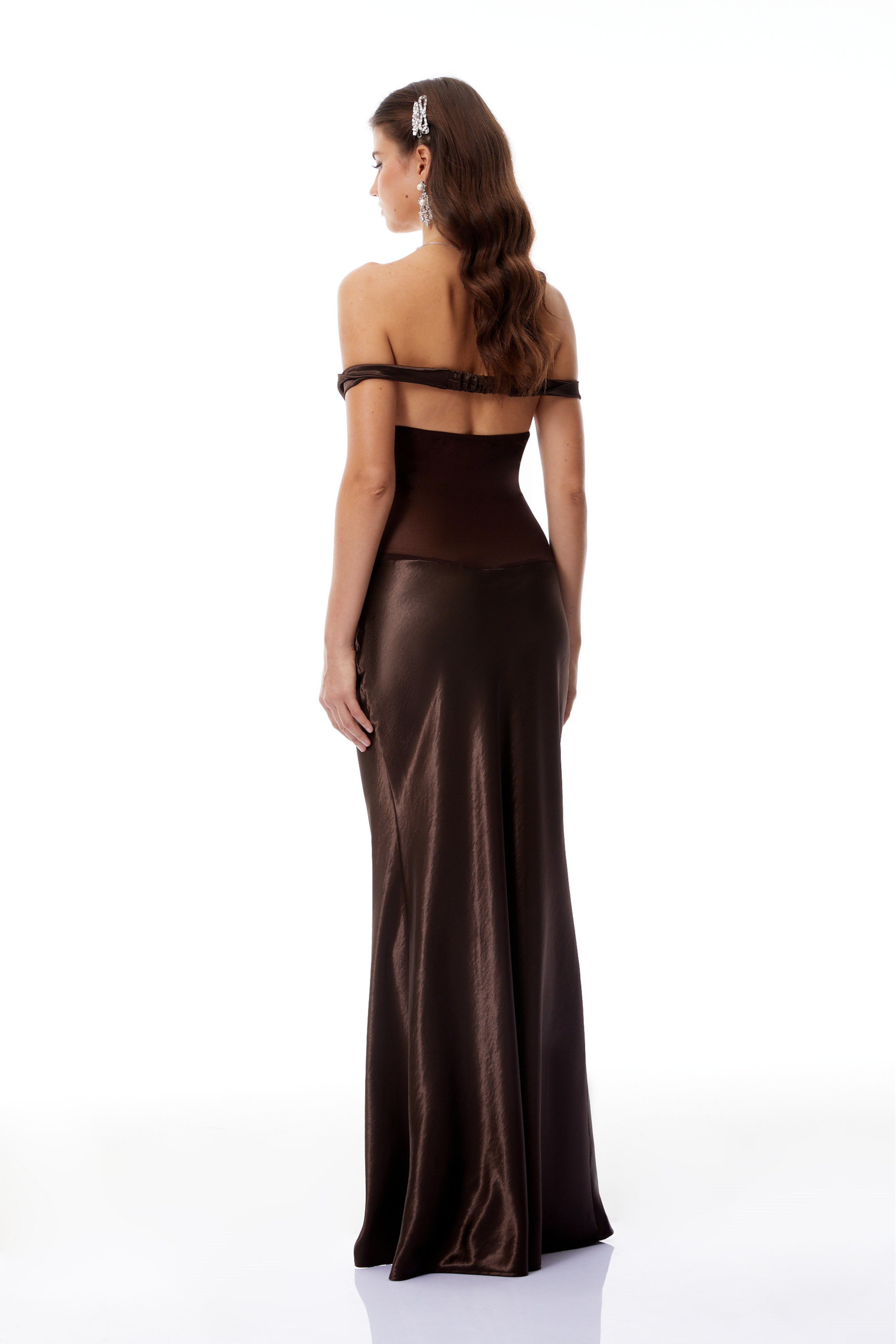 Gitta Brown Off Shoulder Satin Maxi Gown (Final Sale-US Only)