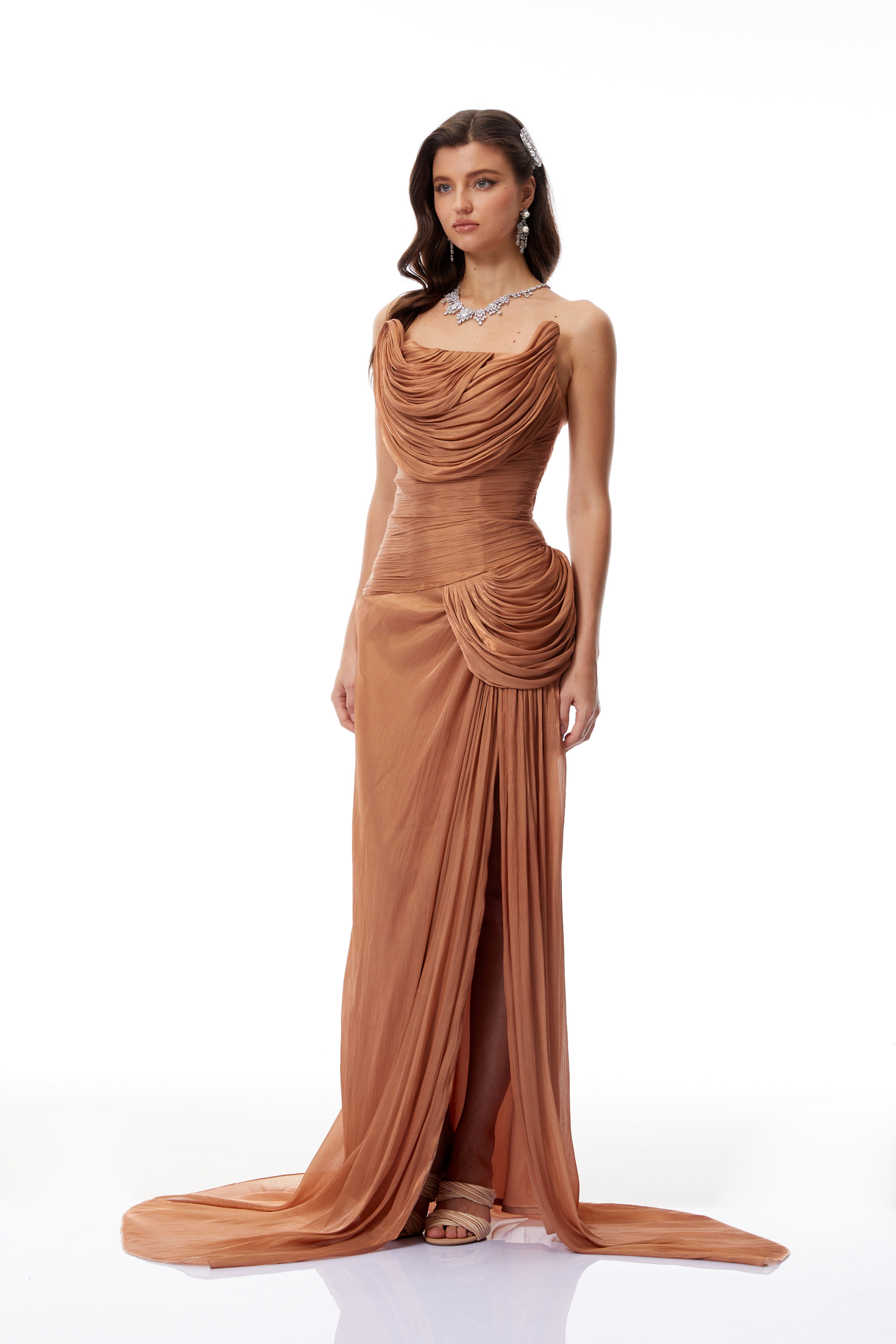 Gelsomina Gold Asymmetrical Glossy Gathered Maxi Dress (Final Sale-US Only)