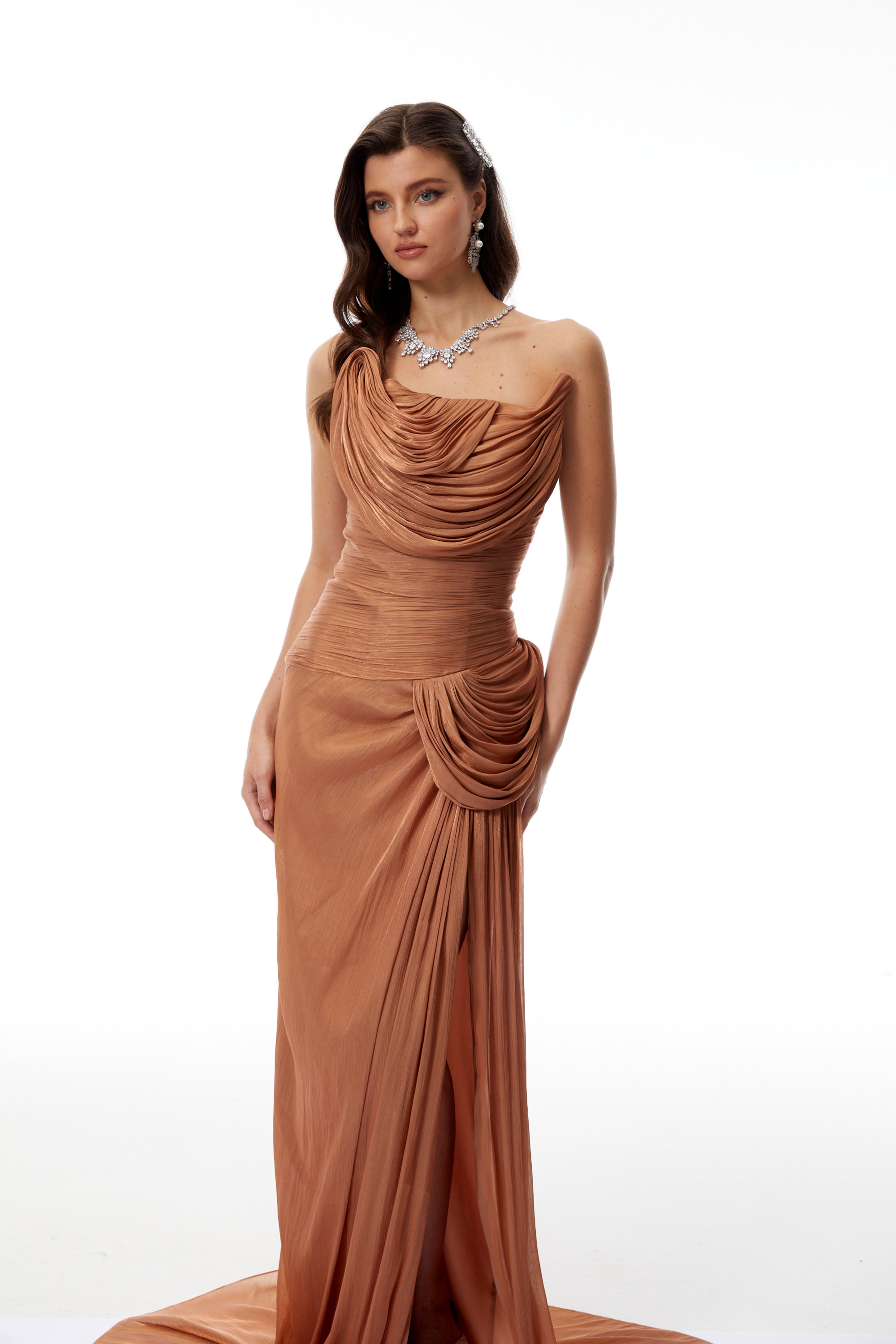 Gelsomina Gold Asymmetrical Glossy Gathered Maxi Dress (Final Sale-US Only)