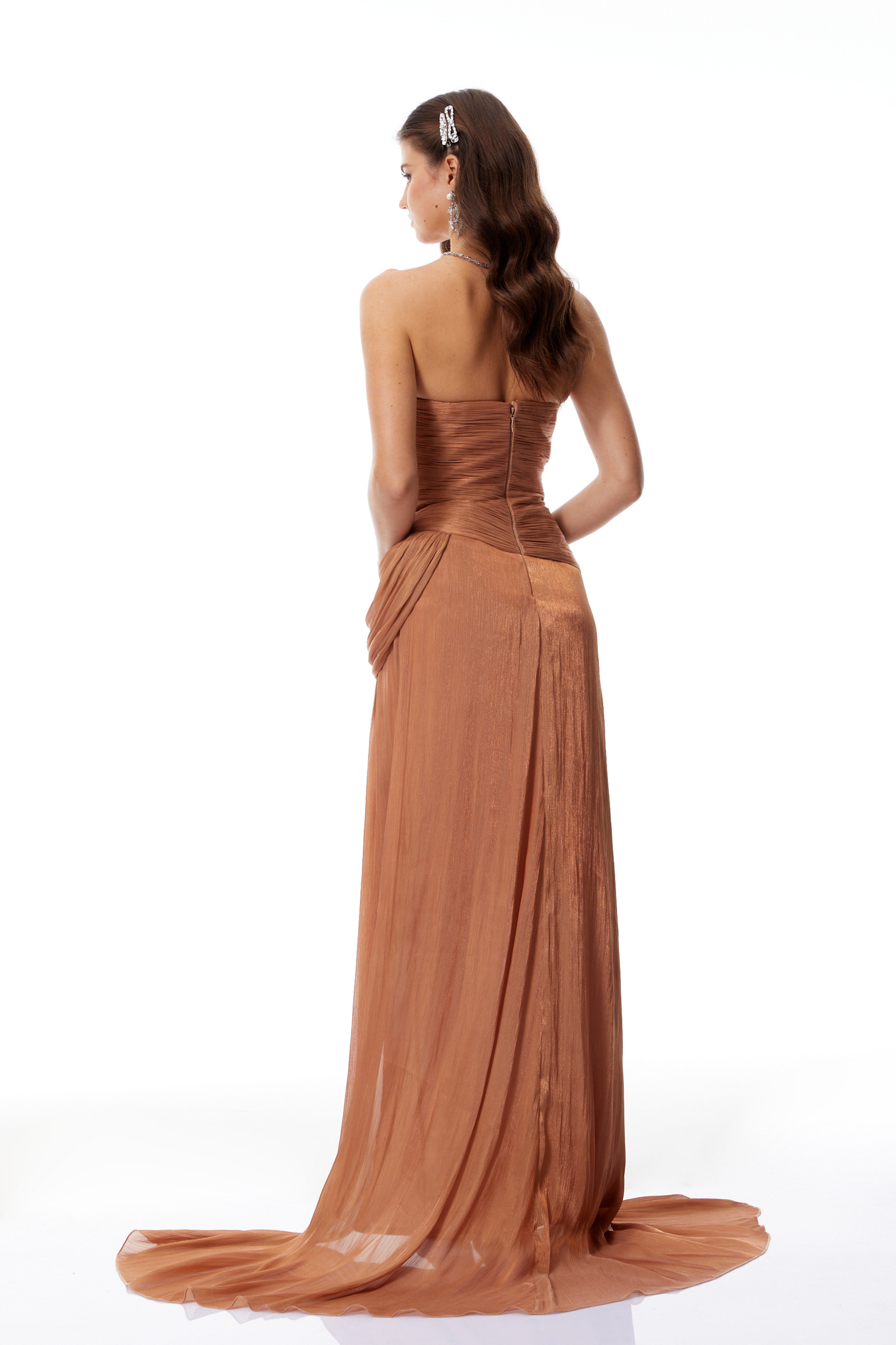 Gelsomina Gold Asymmetrical Glossy Gathered Maxi Dress (Final Sale-US Only)