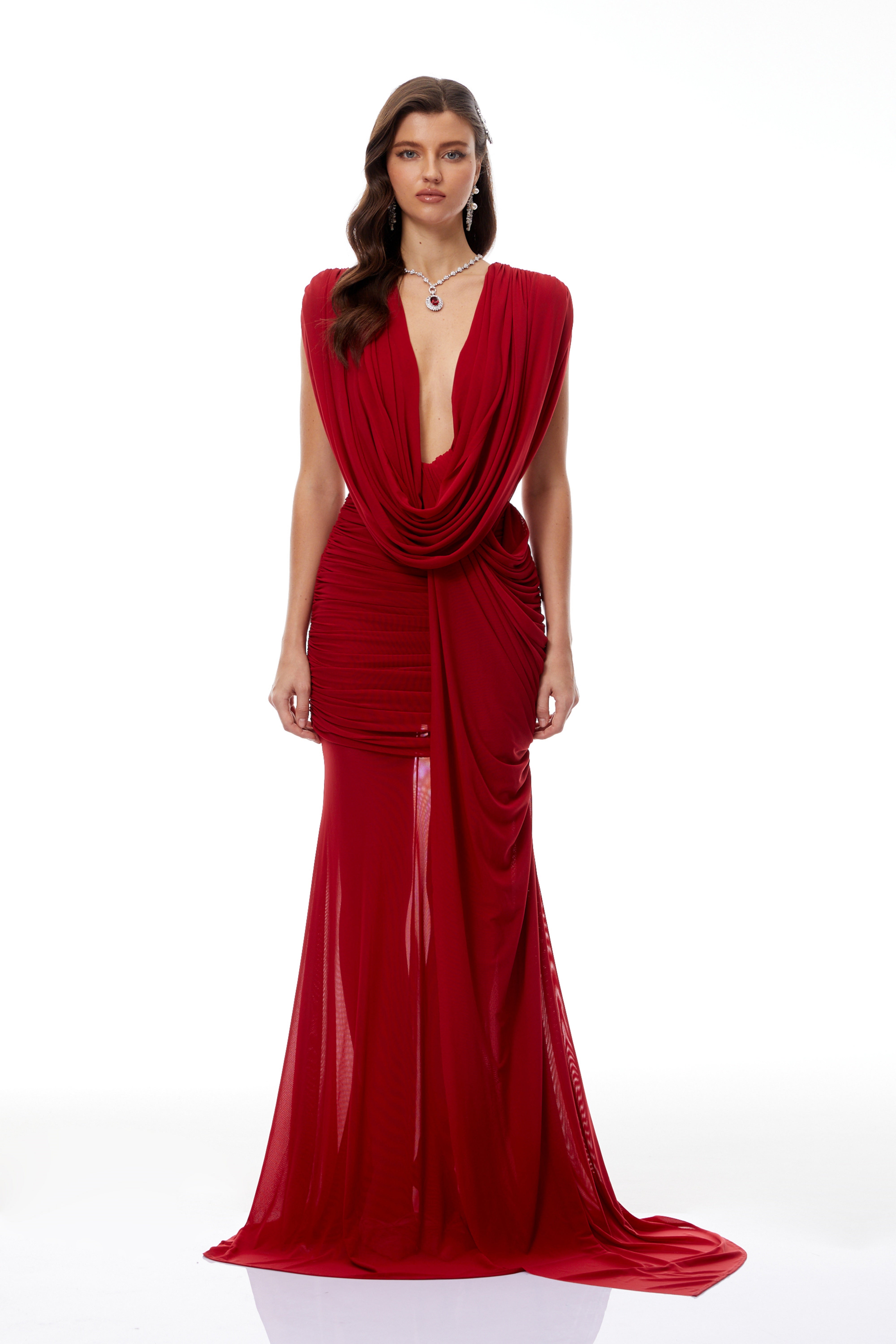 Fíona Red Asymmetrical Draped Maxi Gown (Final Sale-US Only)
