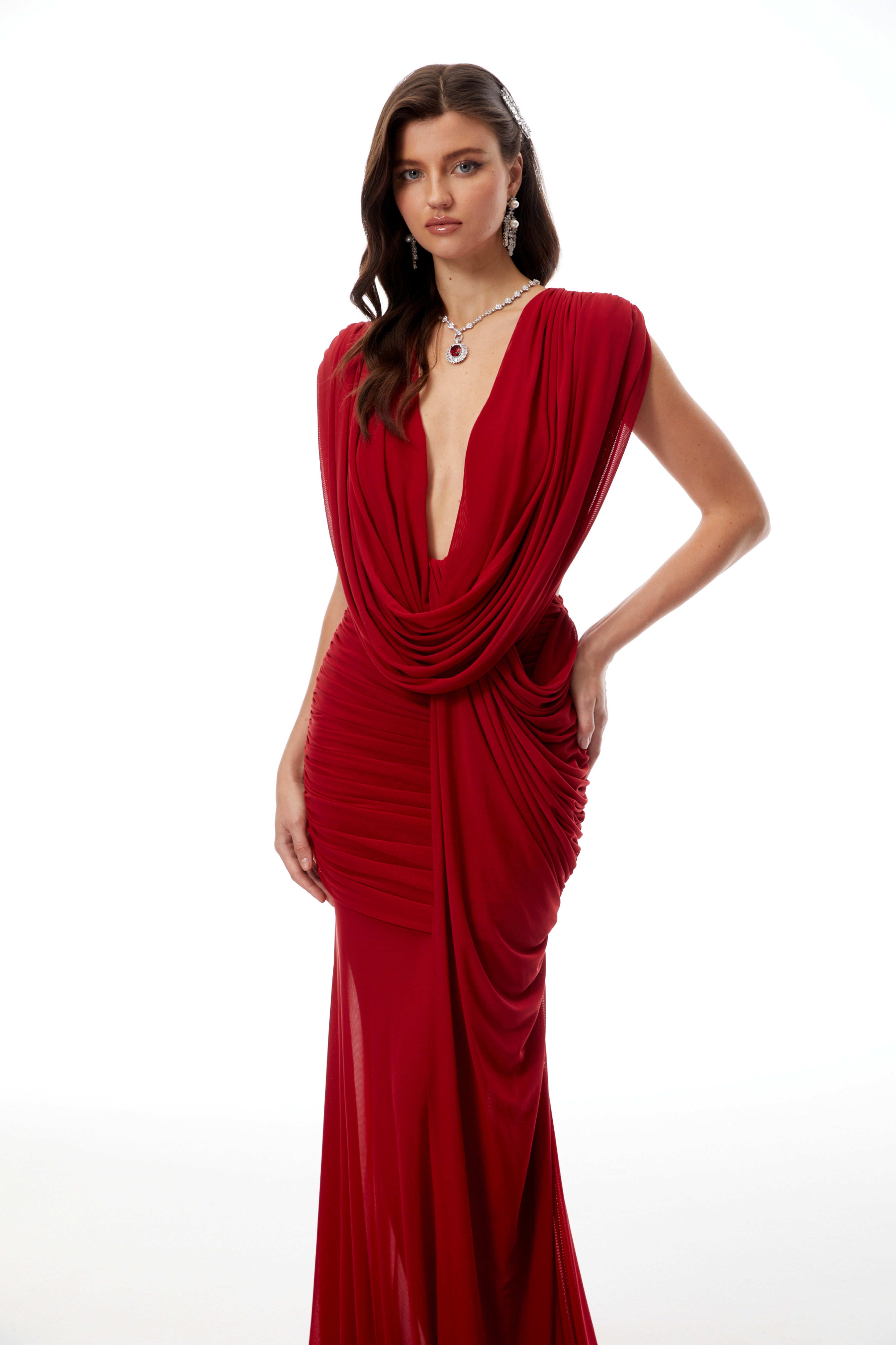 Fíona Red Asymmetrical Draped Maxi Gown (Final Sale-US Only)