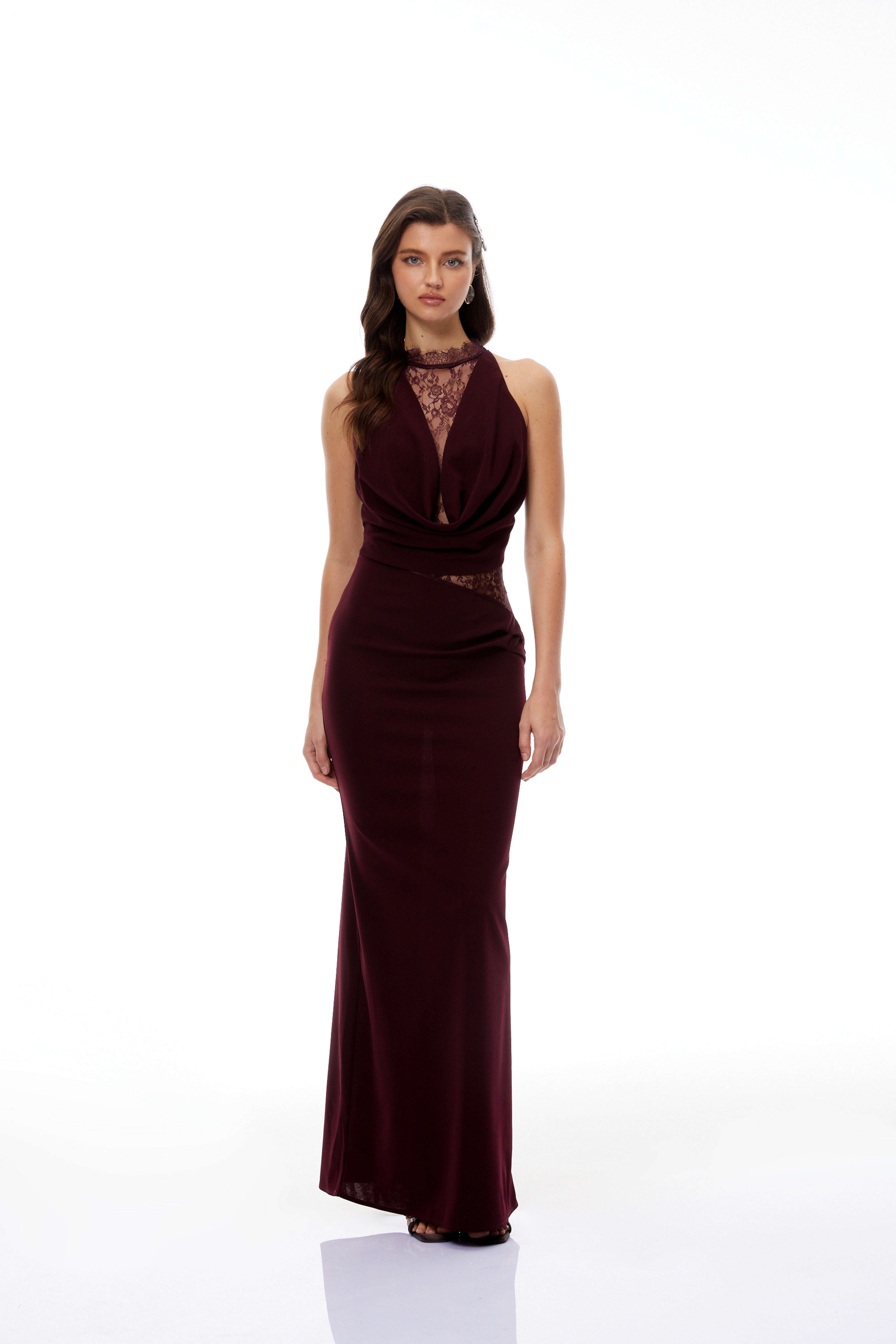 Gioconda Burgundy Halterneck Lace Panel Maxi Dress (Final Sale-US Only)