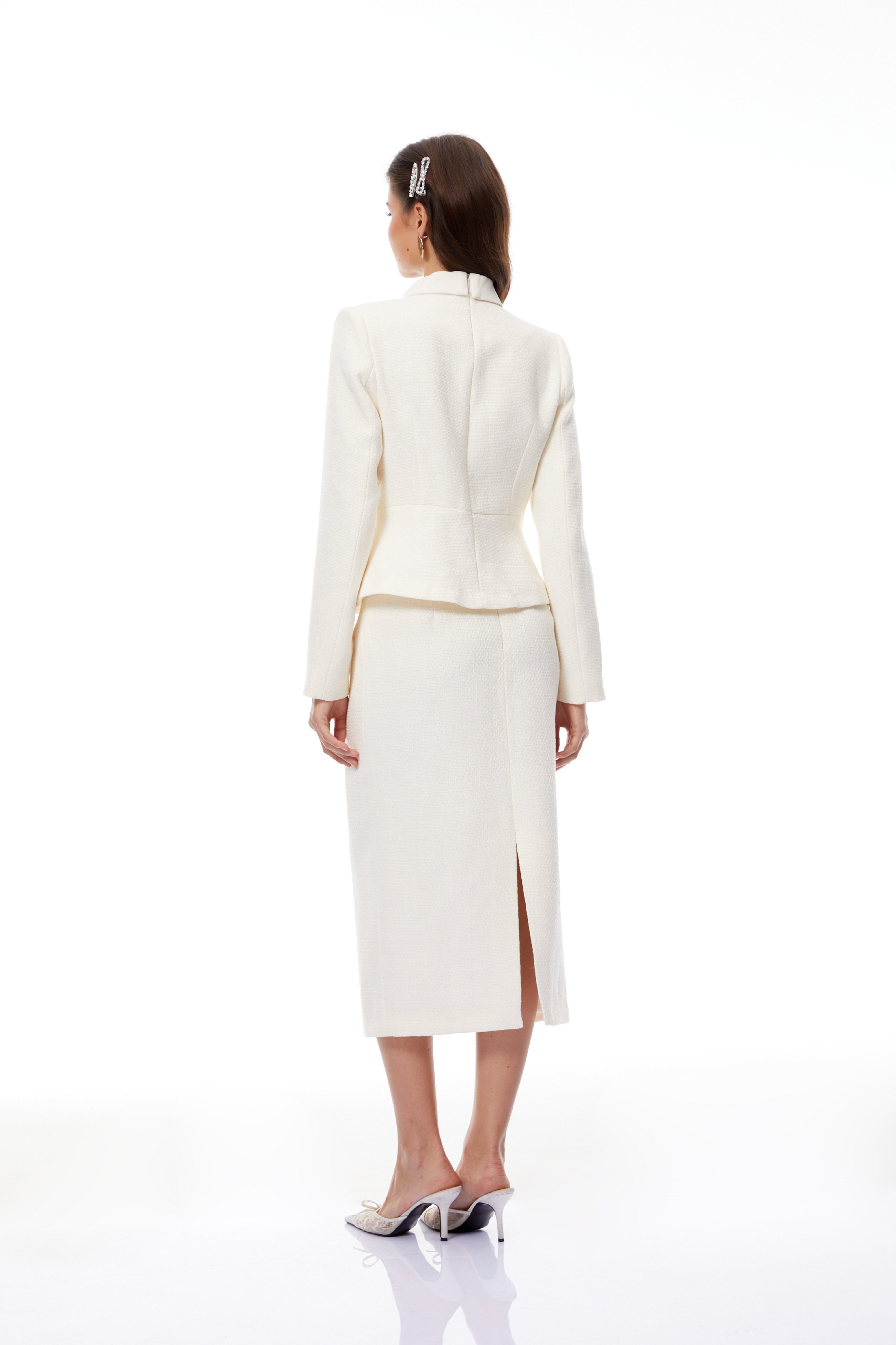 Regina White Crystal Embellished Tweed Jacket & Skirt Set