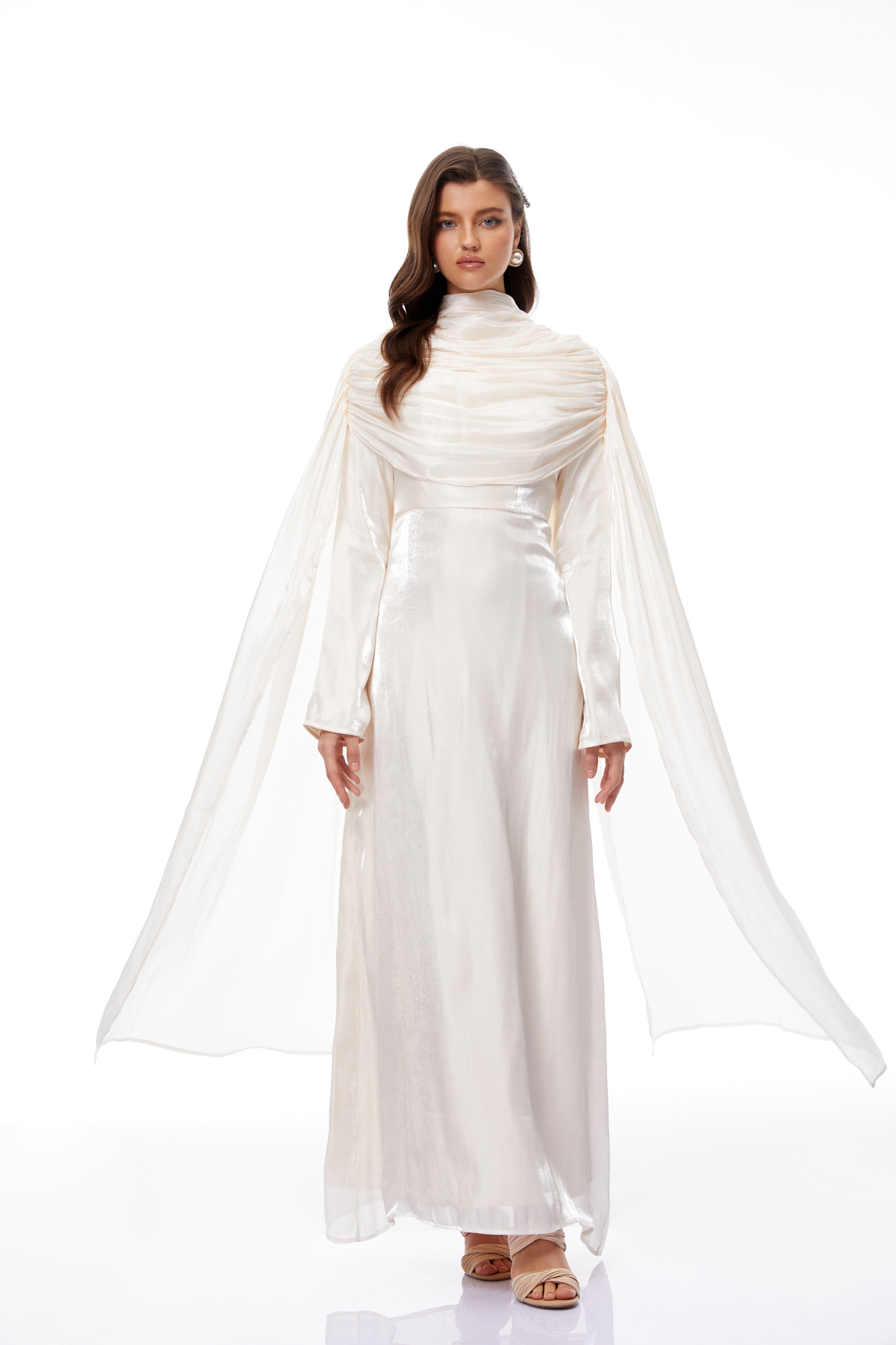 Hege Cream Glossy Ruched Cape Maxi Dress (Final Sale-US Only)