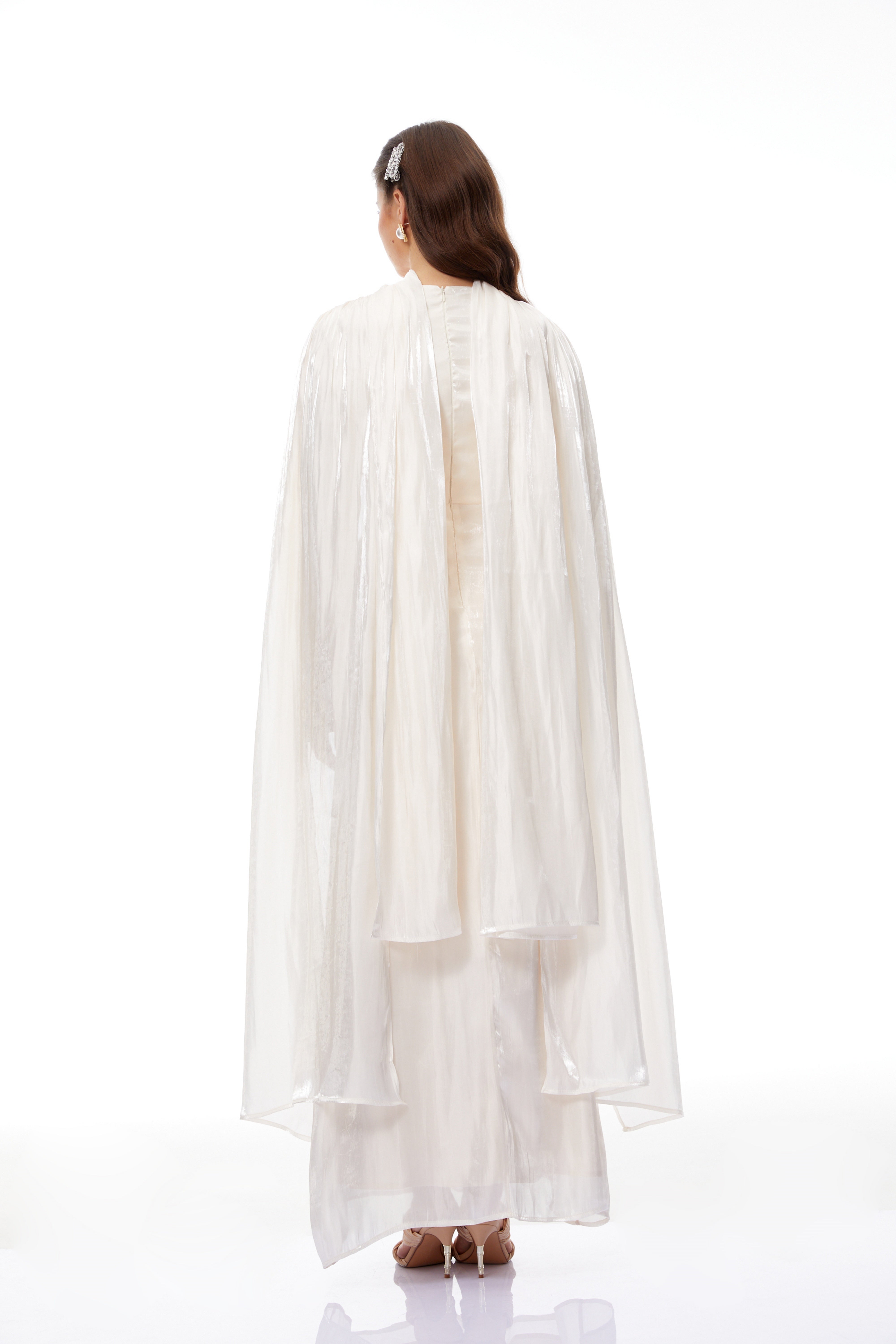 Hege Cream Glossy Ruched Cape Maxi Dress (Final Sale-US Only)