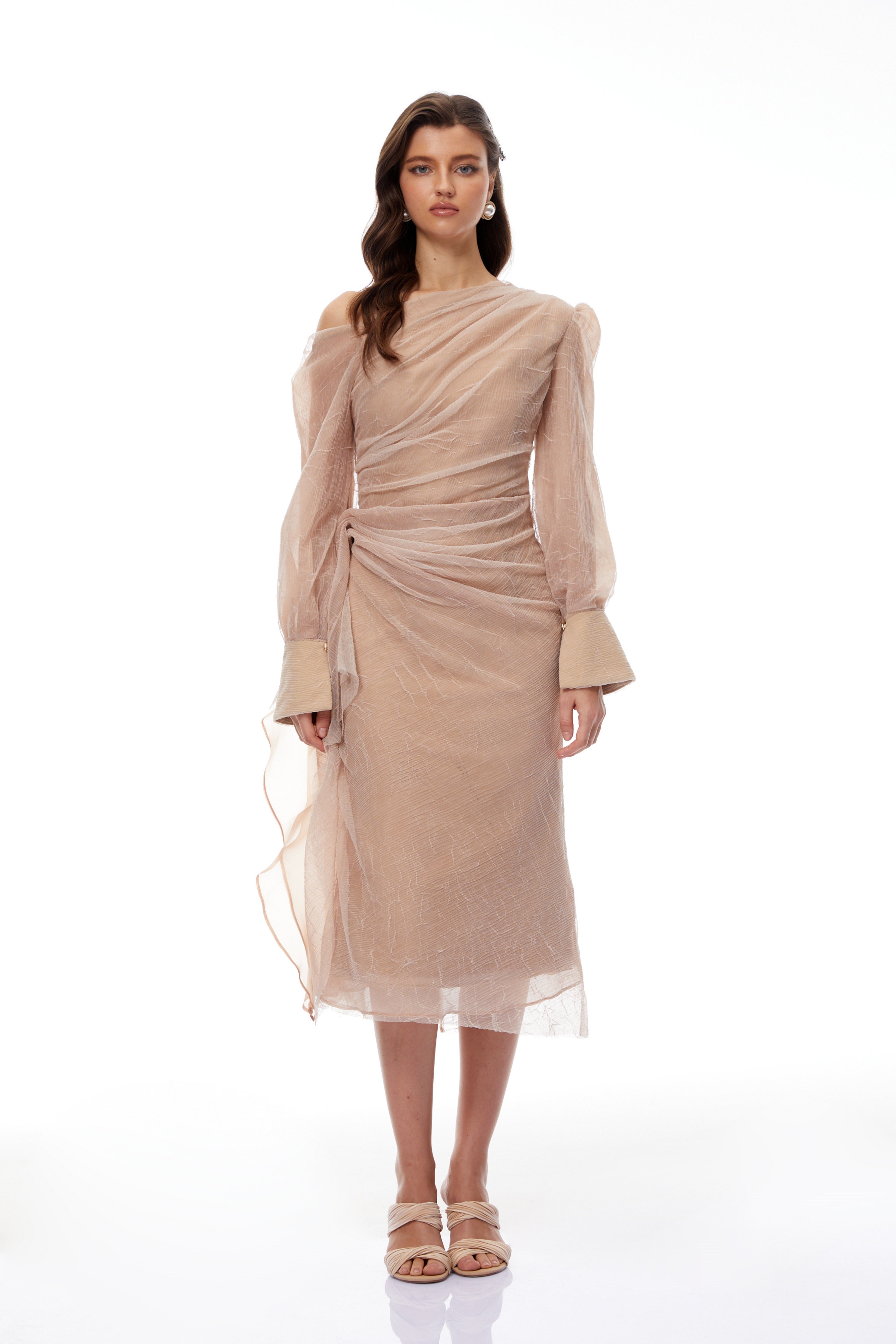 Pietro Khaki Asymmetrical Gathered Midi Dress (Final Sale-US Only)