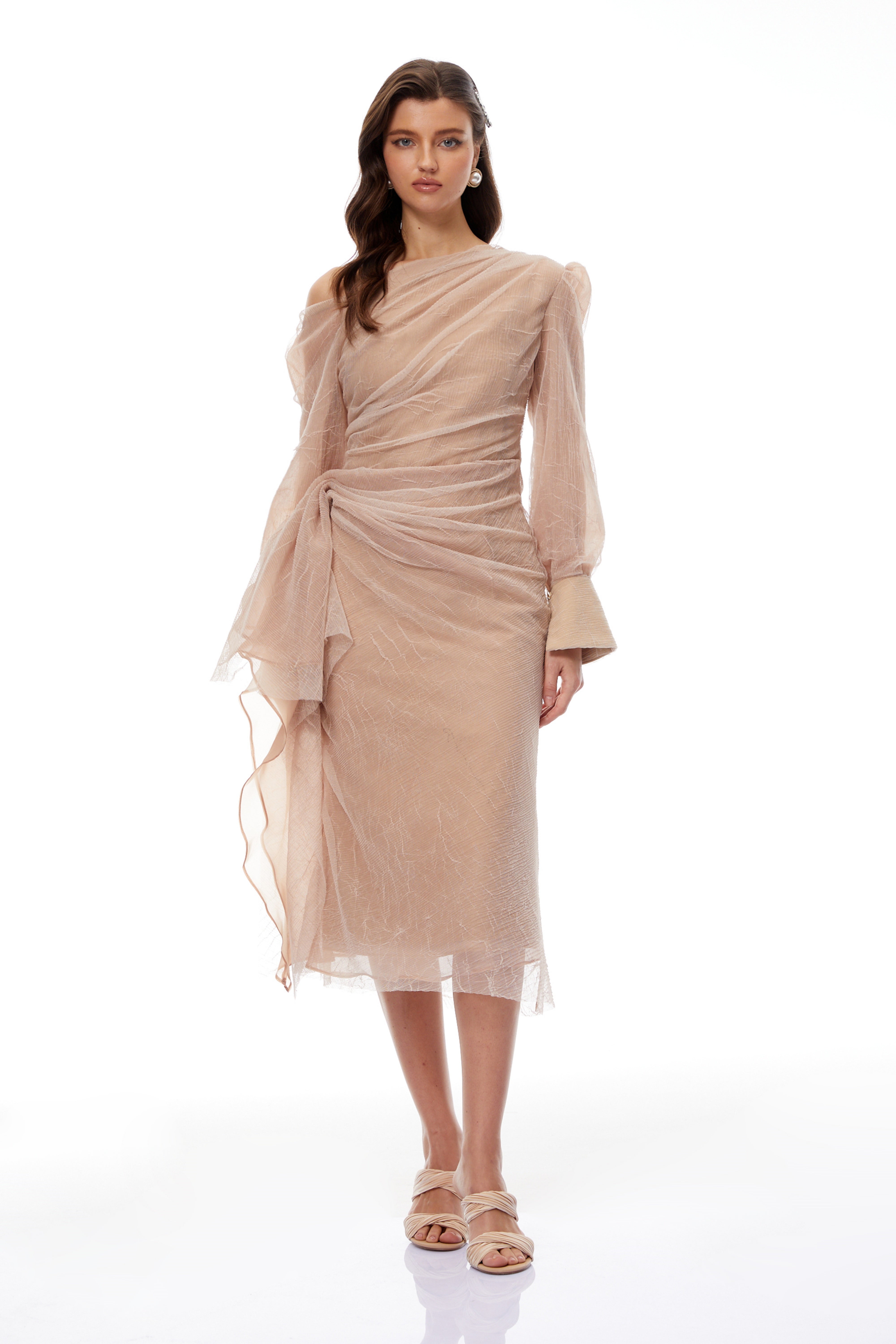 Pietro Khaki Asymmetrical Gathered Midi Dress (Final Sale-US Only)