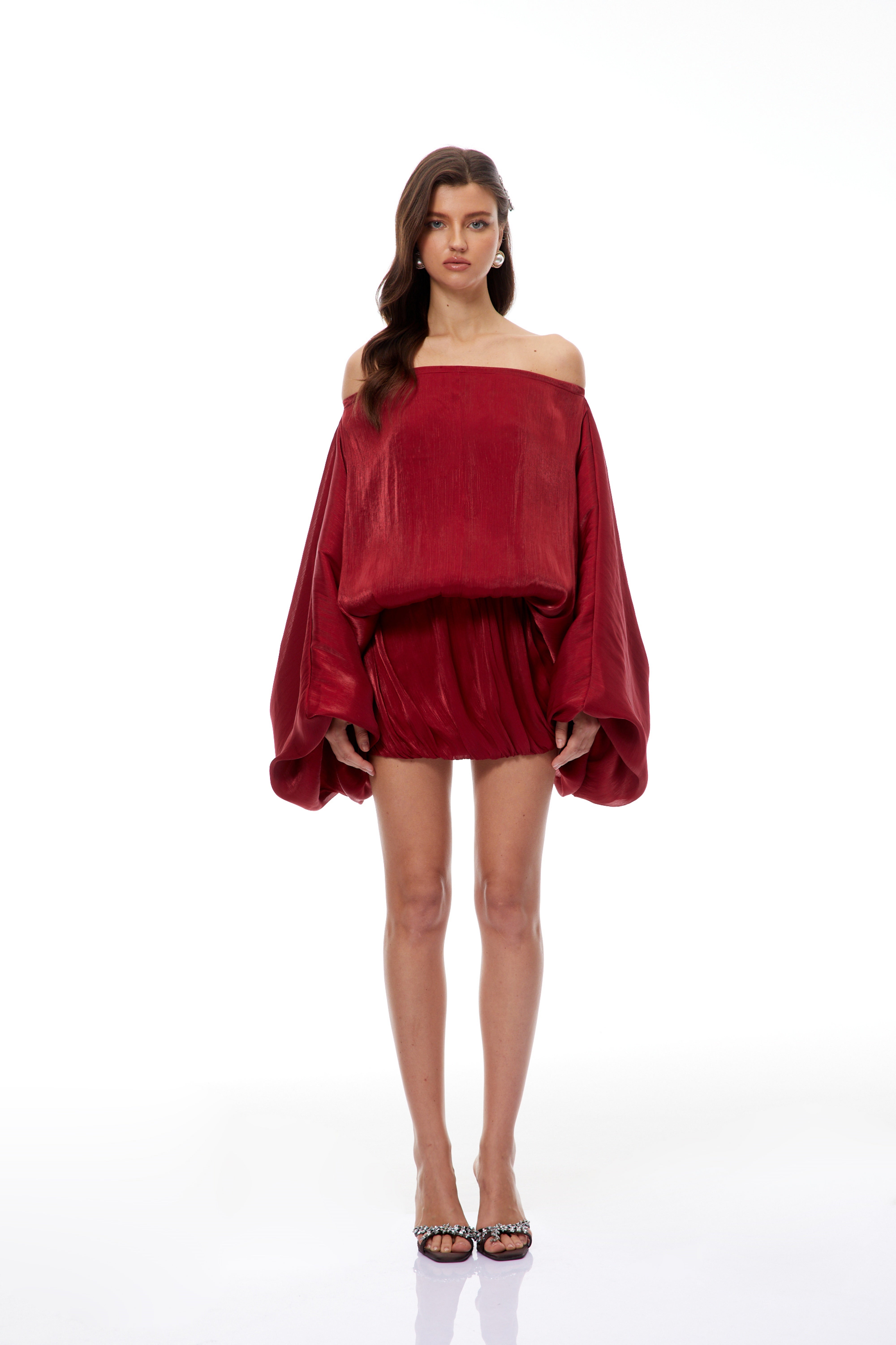 Patrizia Red Off Shoulder Glossy Mini Dress (Final Sale-US Only)