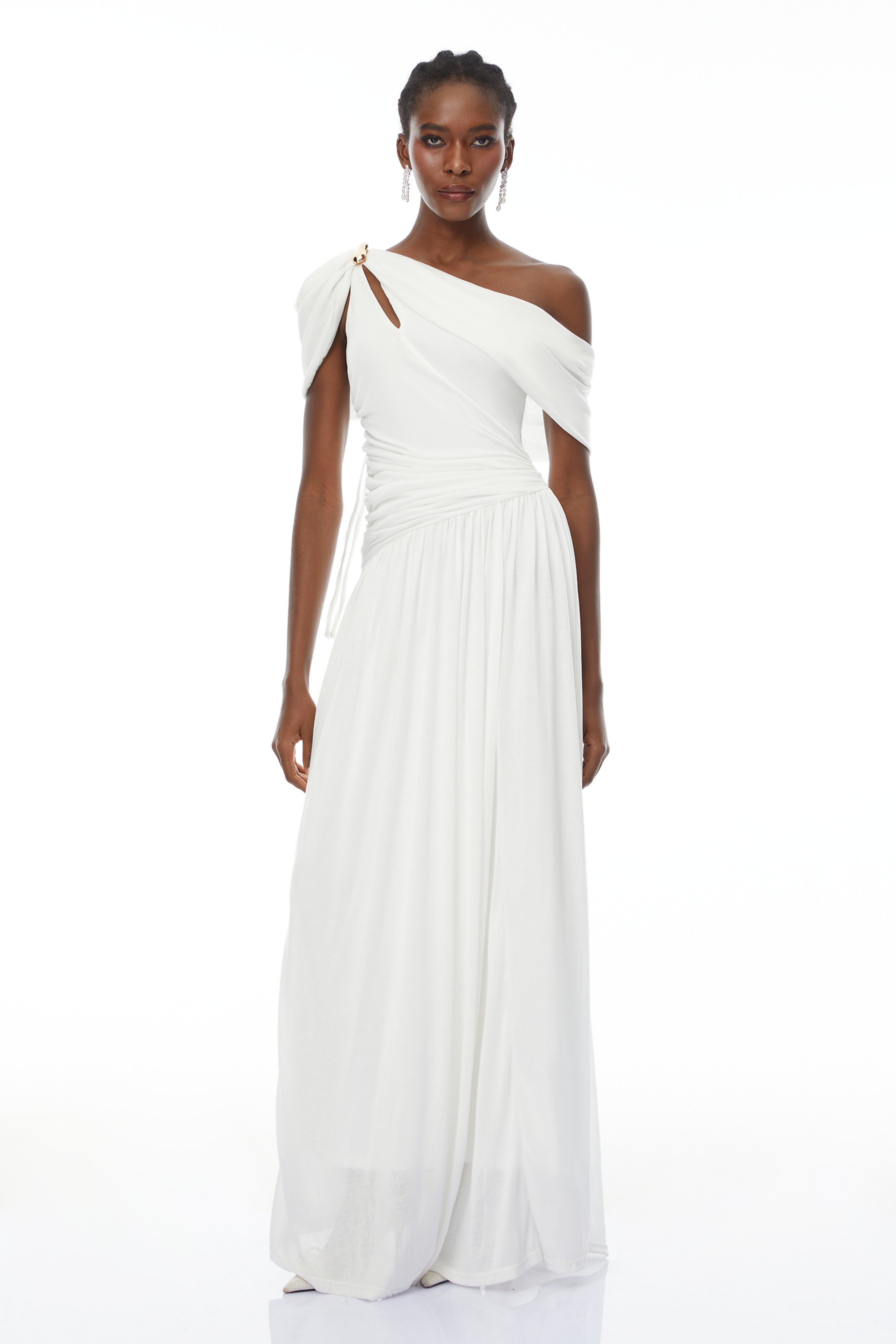 Sigrun White Asymmetrical Gathered Maxi Dress (Final Sale-US Only)