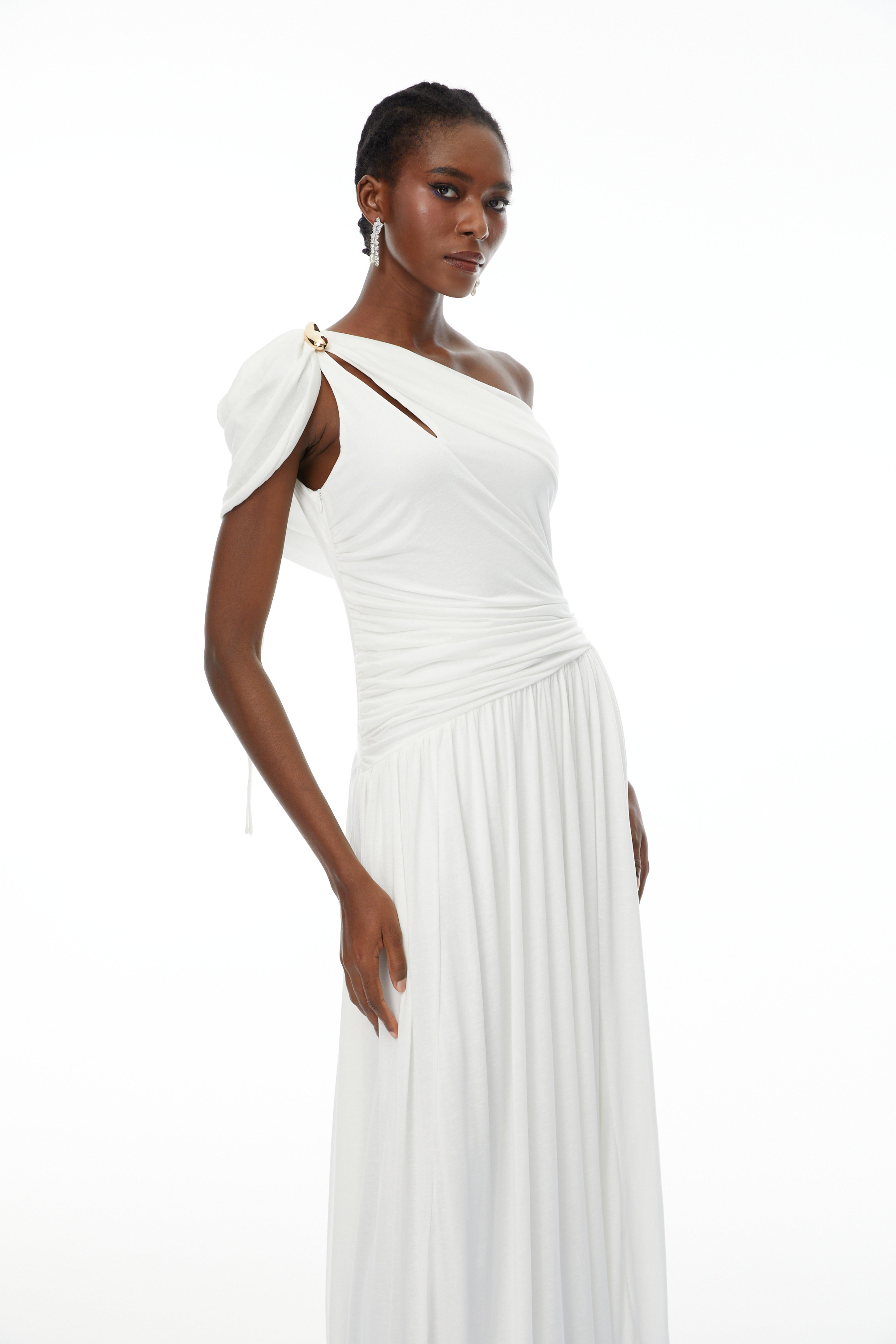 Sigrun White Asymmetrical Gathered Maxi Dress (Final Sale-US Only)