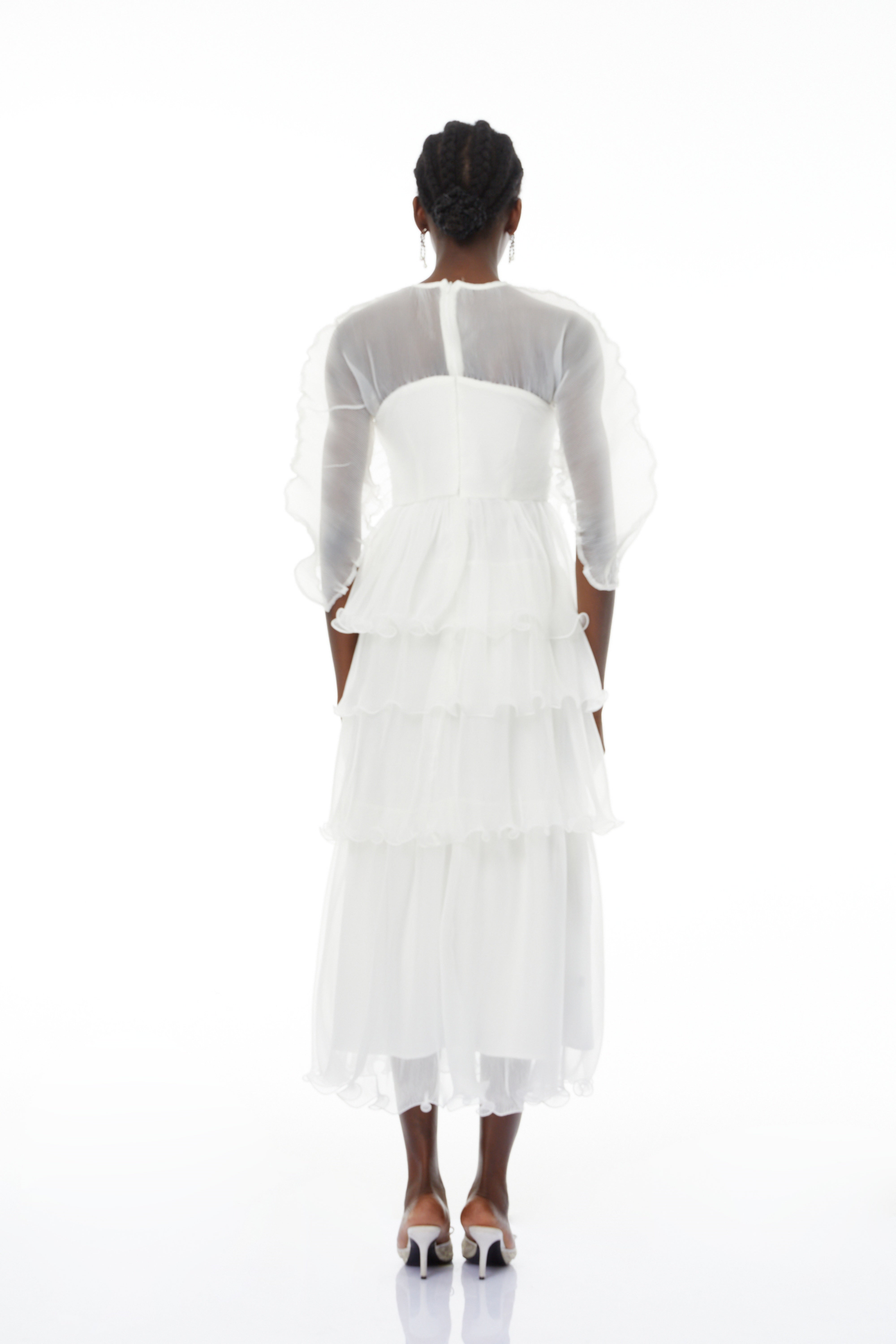 Simona White Floral Ruffled Tiered Midi Dress (Final Sale)