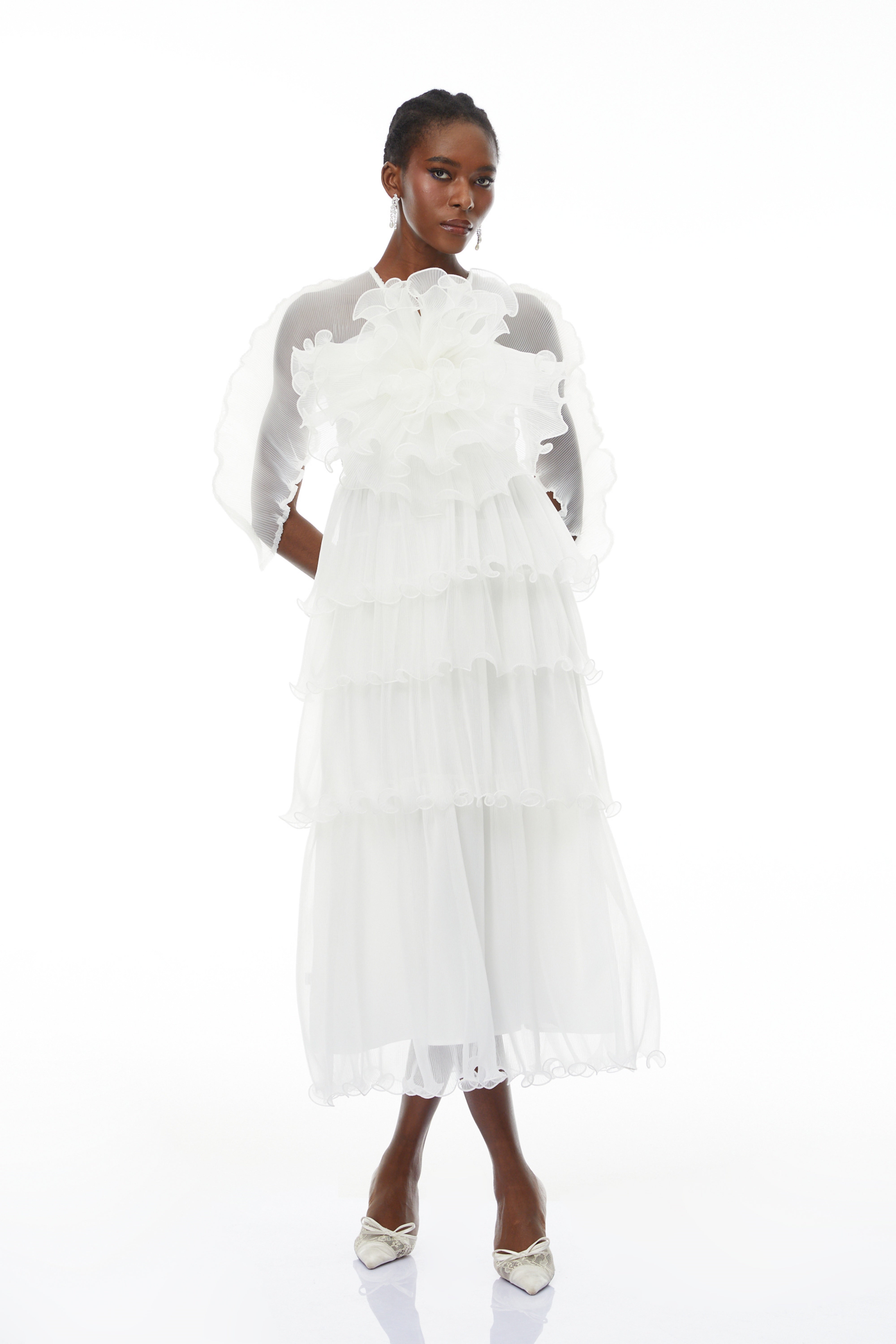 Simona White Floral Ruffled Tiered Midi Dress (Final Sale)
