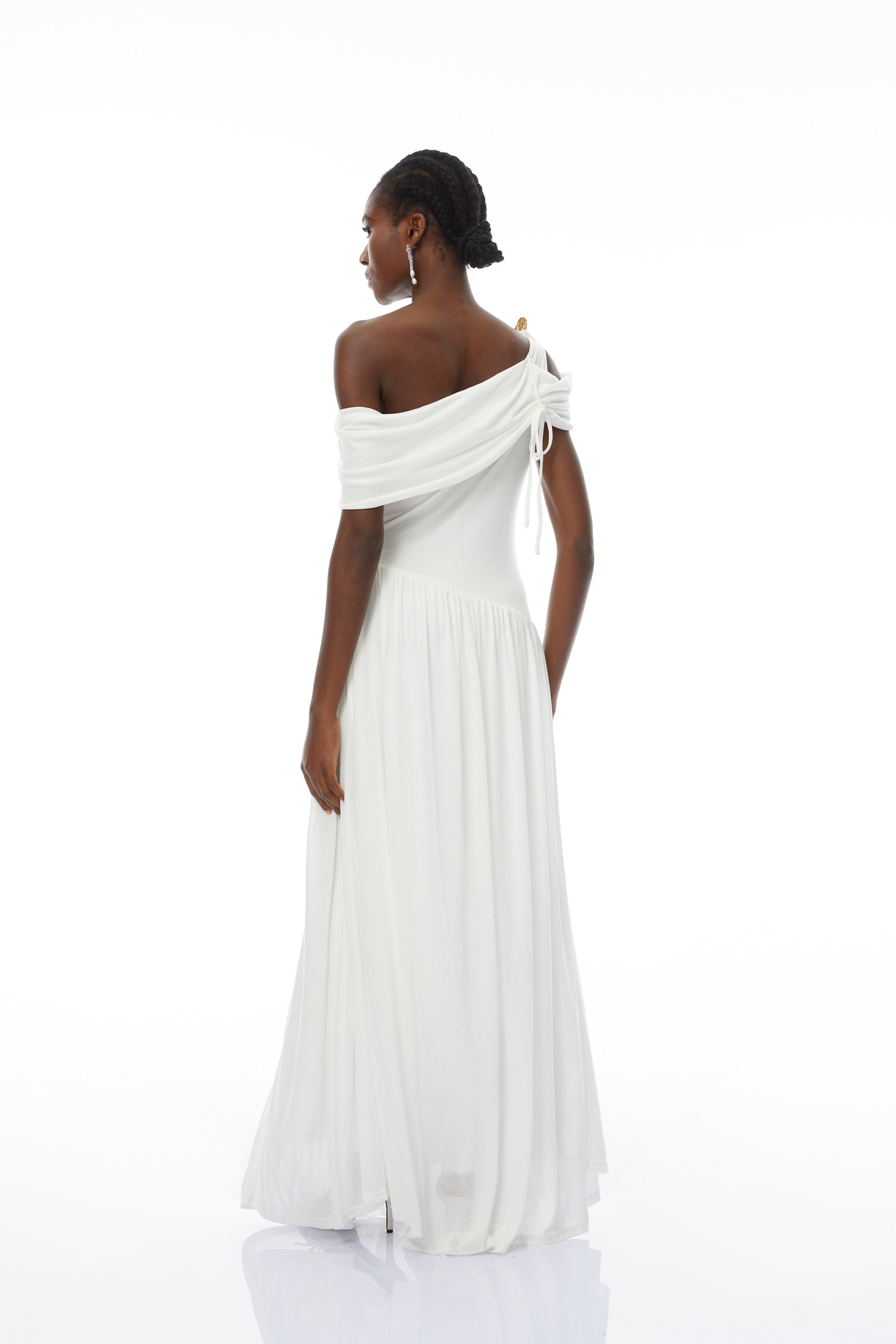Sigrun White Asymmetrical Gathered Maxi Dress (Final Sale-US Only)