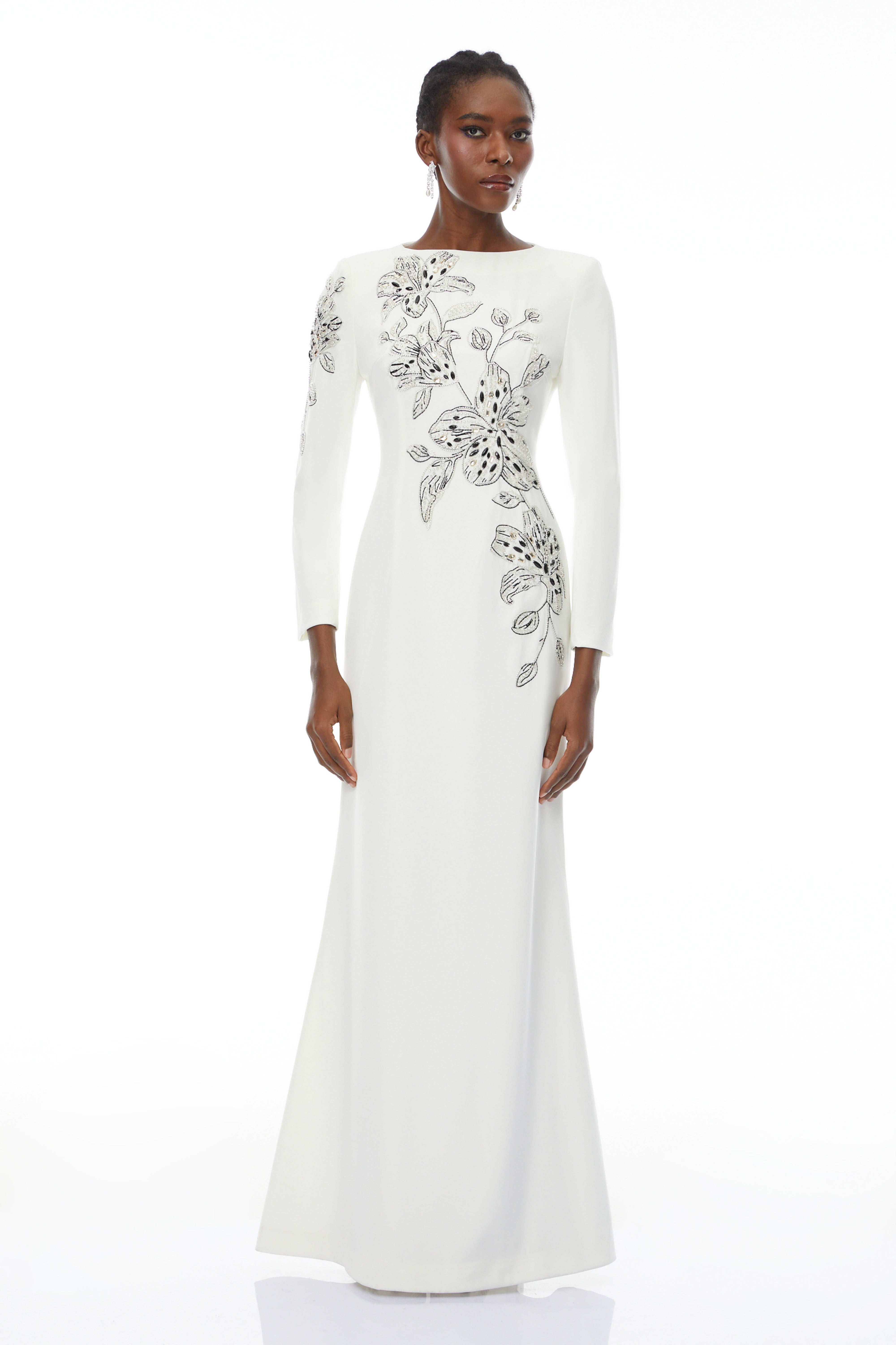 Michele White Embellished Maxi Gown with Floral Embroidered (Final Sale)