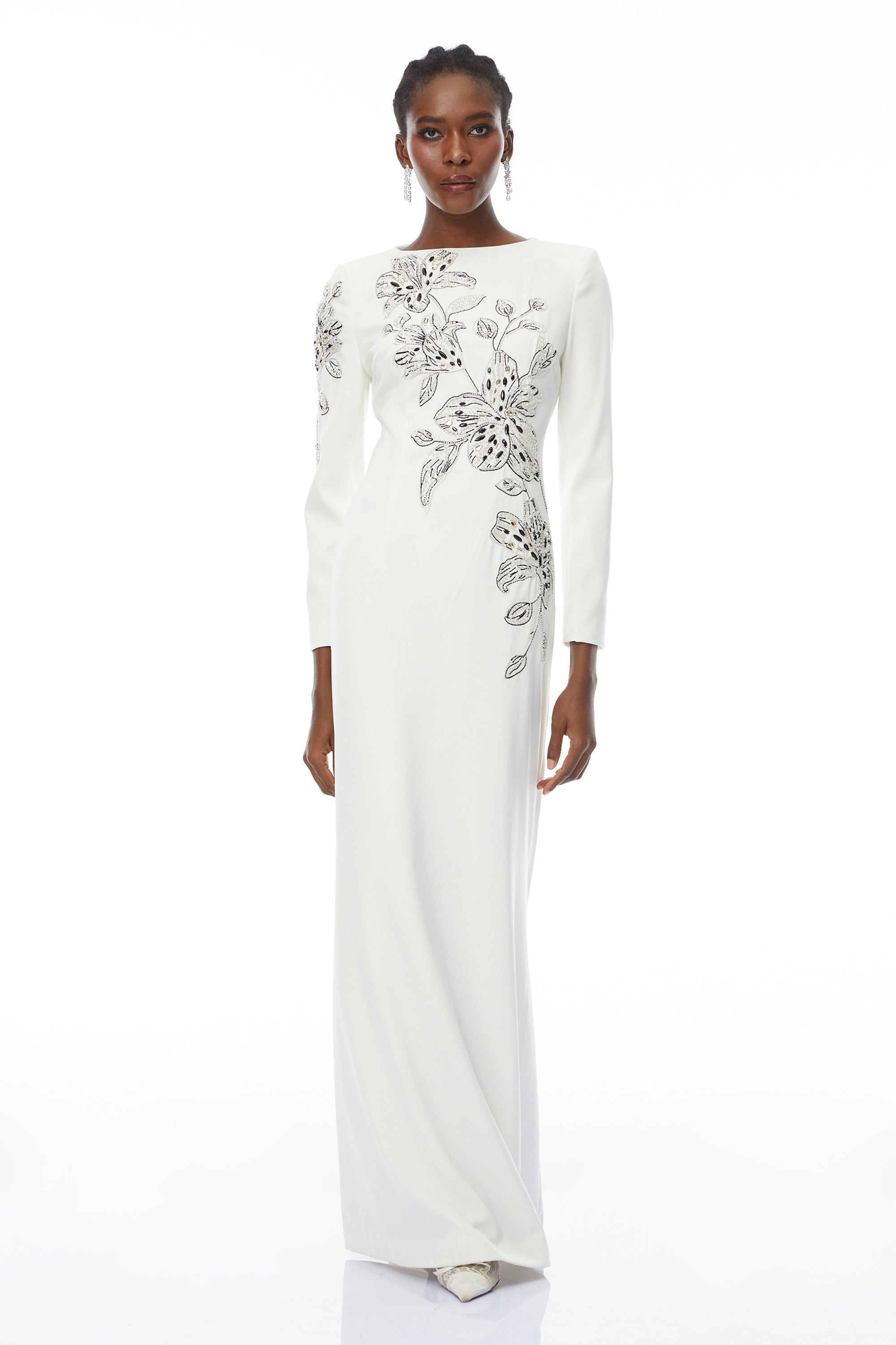 Michele White Embellished Maxi Gown with Floral Embroidered (Final Sale)