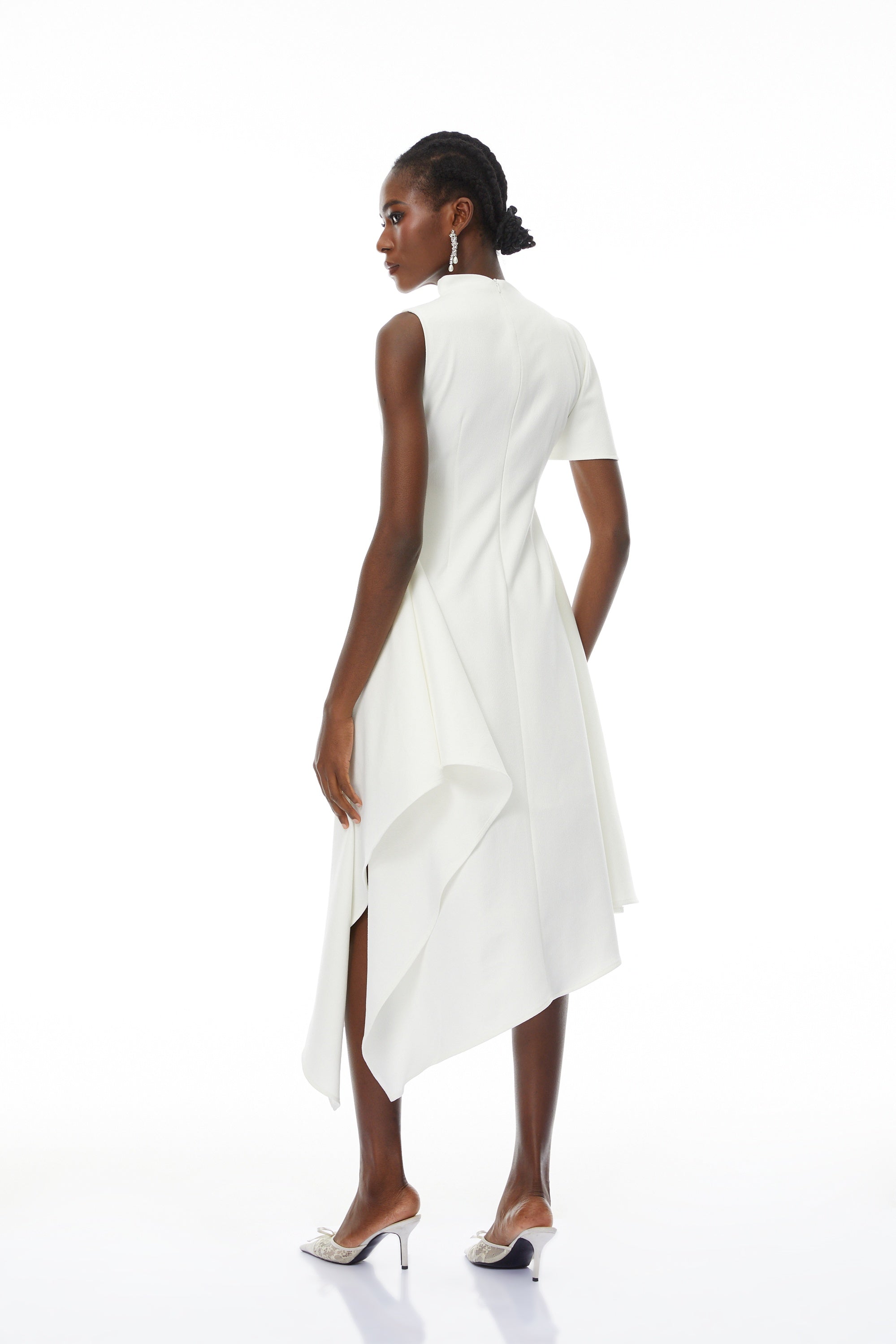 Liana White Asymmetrical Flared Midi Dress (Final Sale-US Only)