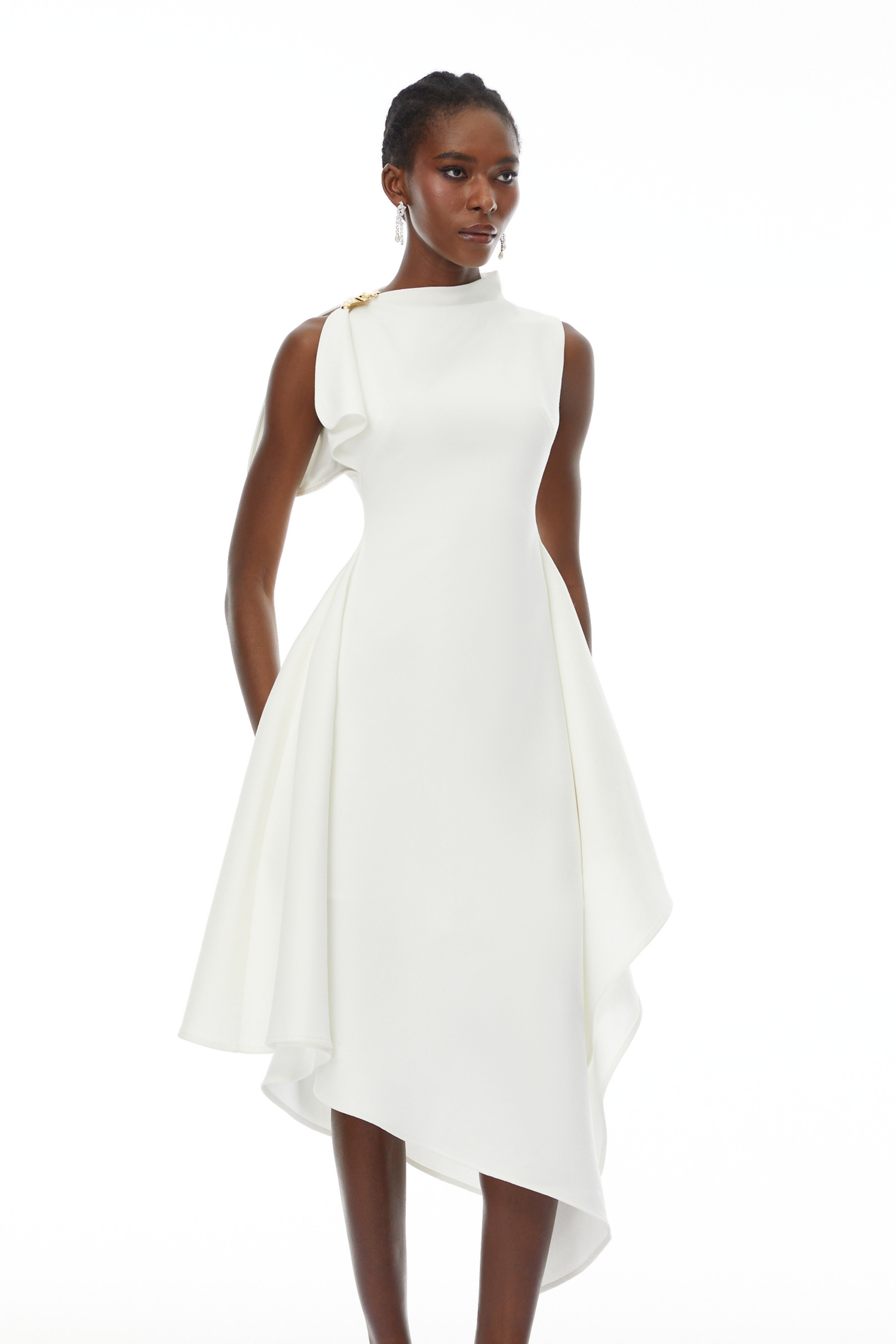 Liana White Asymmetrical Flared Midi Dress (Final Sale-US Only)