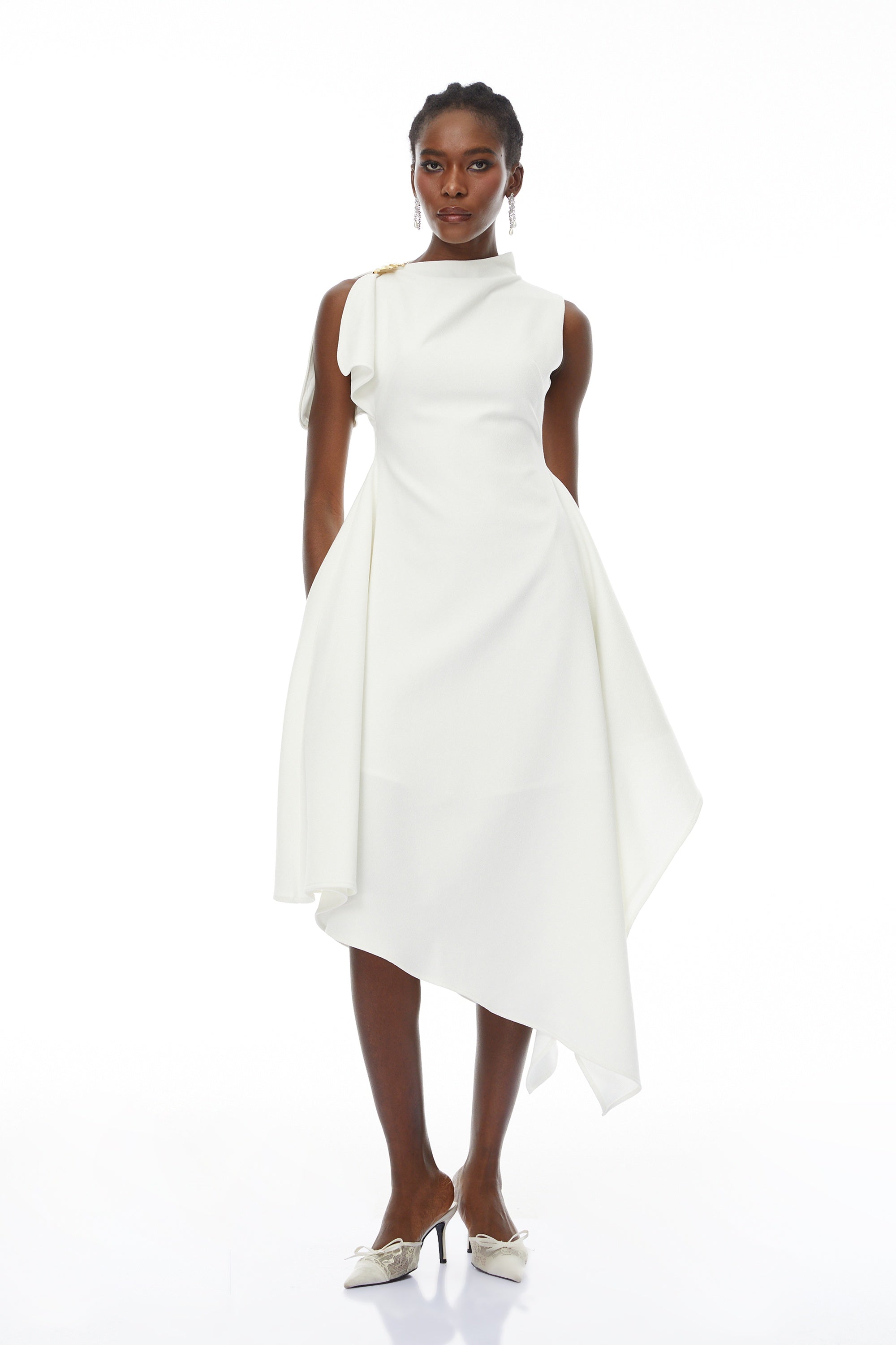 Liana White Asymmetrical Flared Midi Dress (Final Sale-US Only)