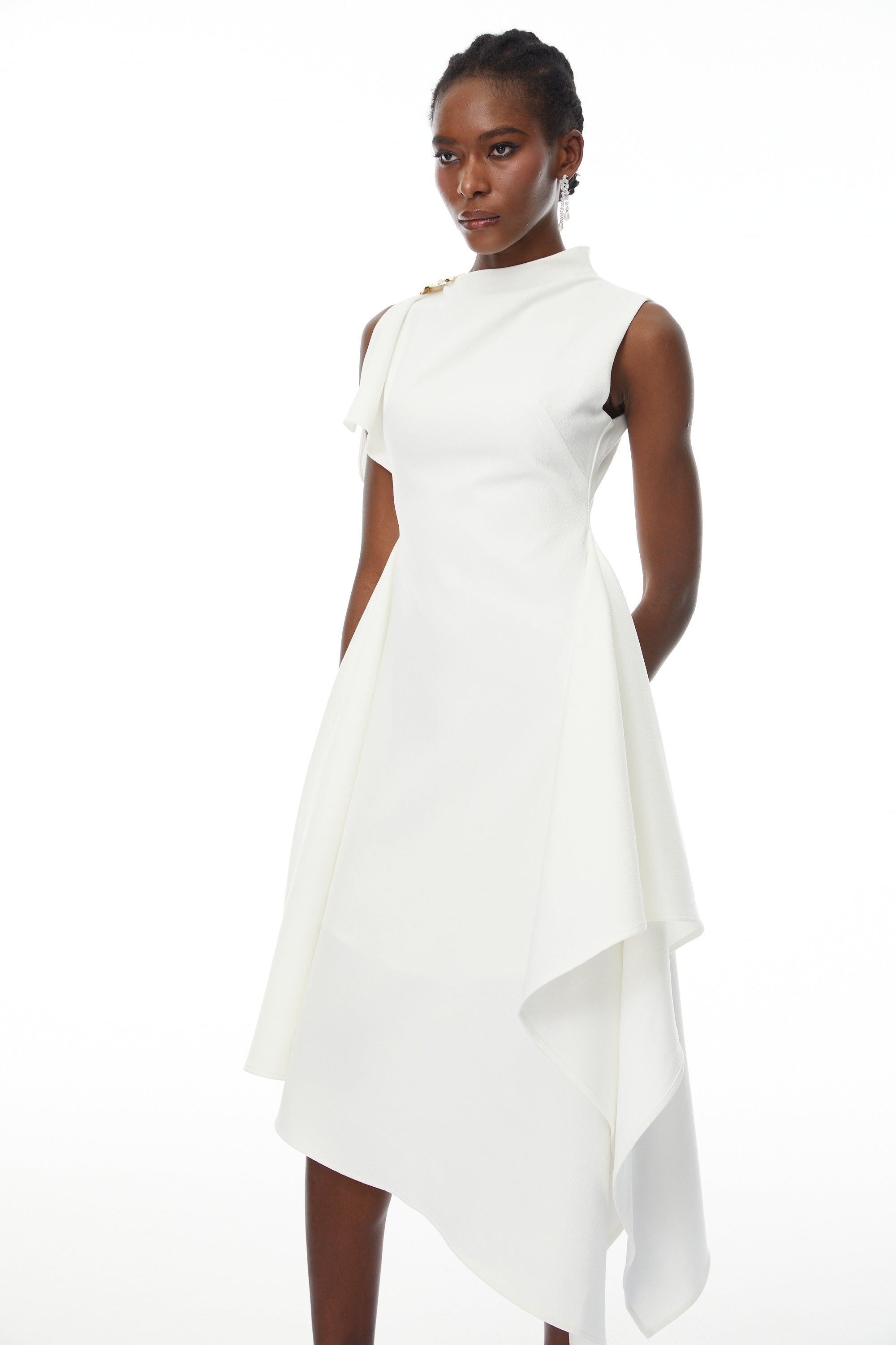 Liana White Asymmetrical Flared Midi Dress (Final Sale-US Only)
