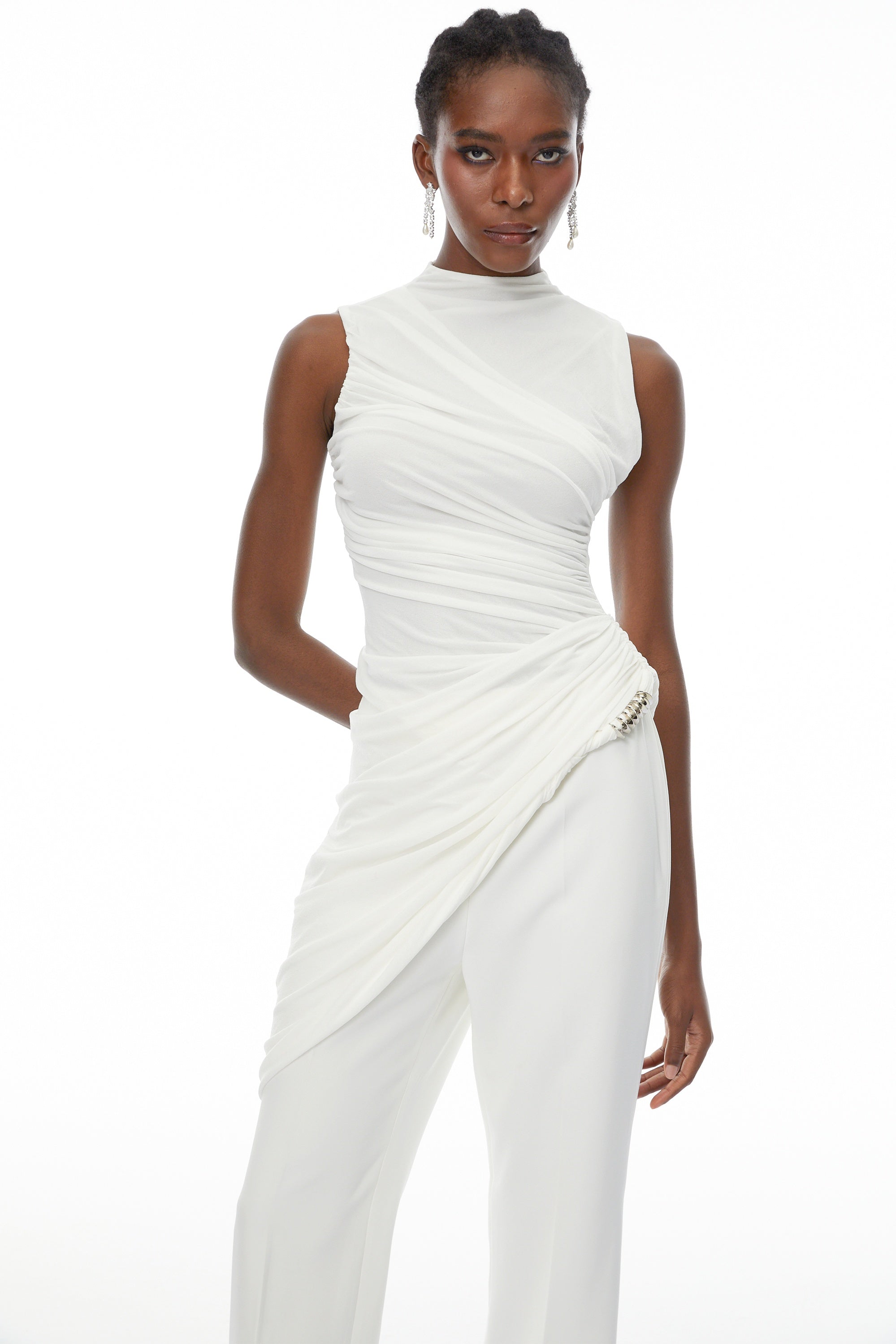 Camille White Asymmetrical Gathered Top & Trousers Set (Final Sale)