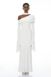 Simona White One Shoulder Pearl Trim Maxi Gown