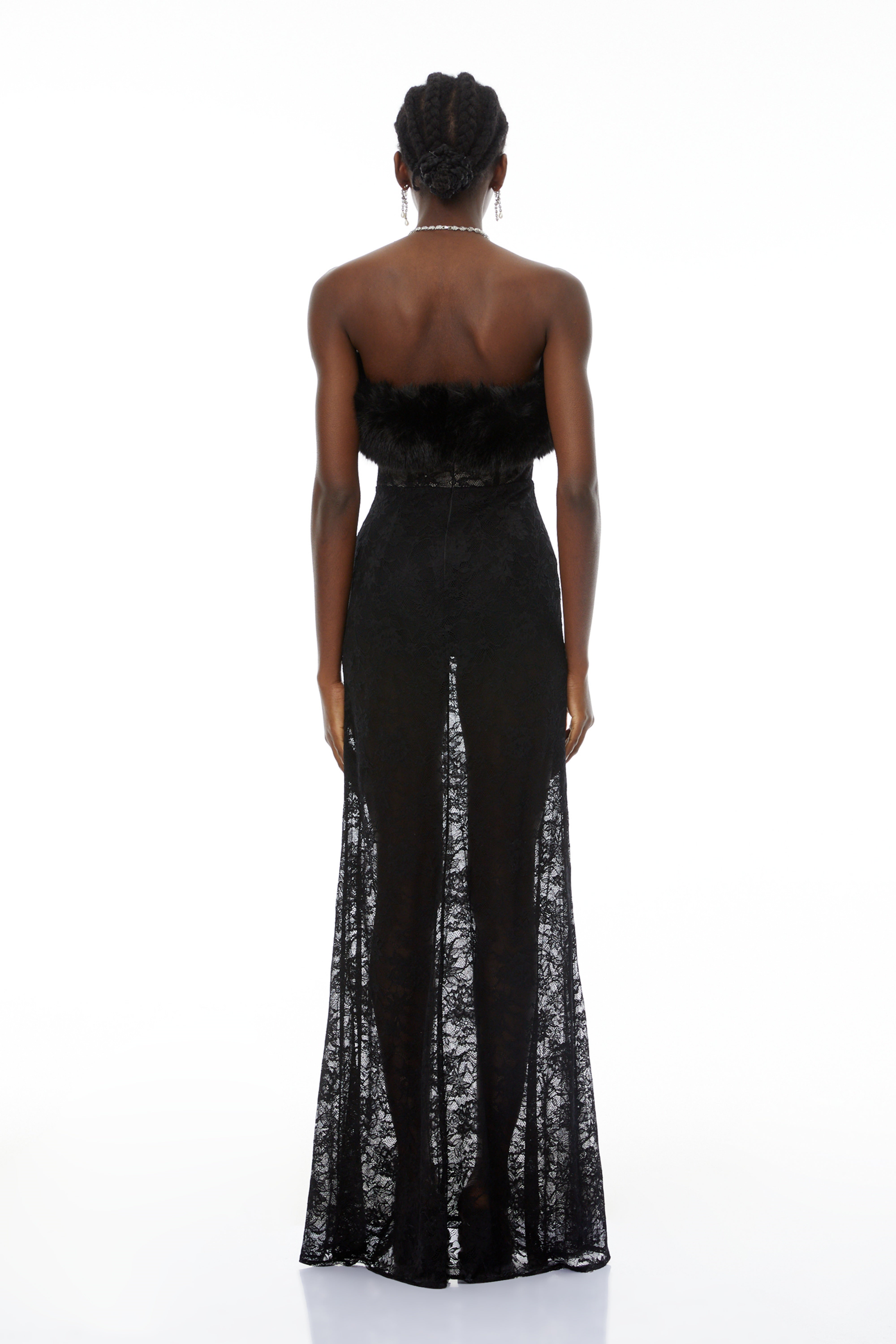 Tecla Black Lace Maxi Dress with Faux Fur Trim (Final Sale)