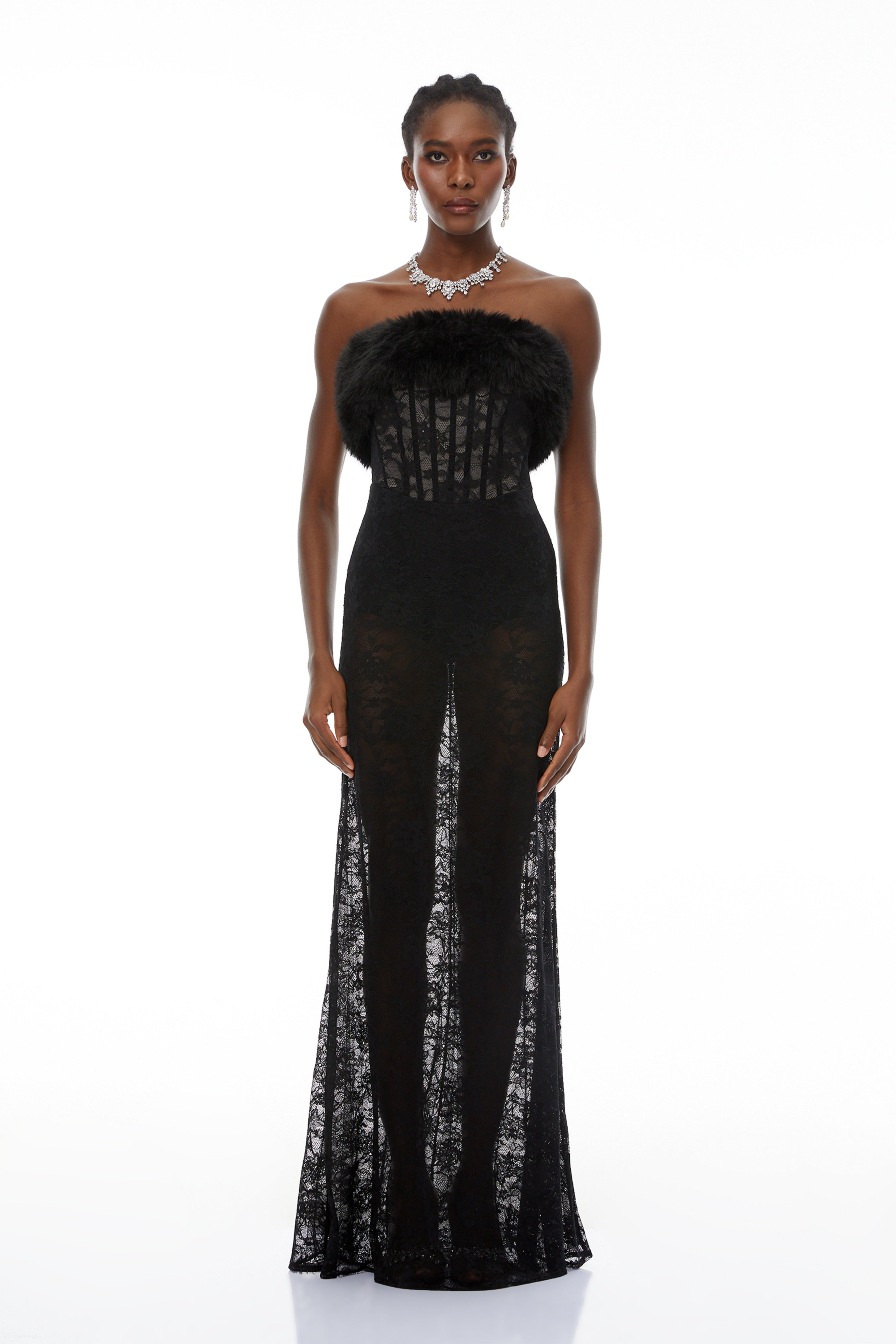 Tecla Black Lace Maxi Dress with Faux Fur Trim (Final Sale)