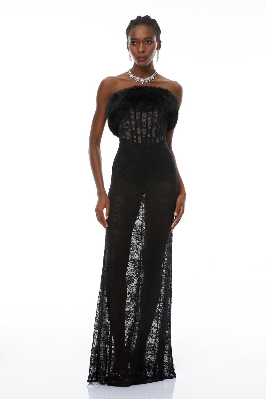 Tecla Black Lace Maxi Dress with Faux Fur Trim