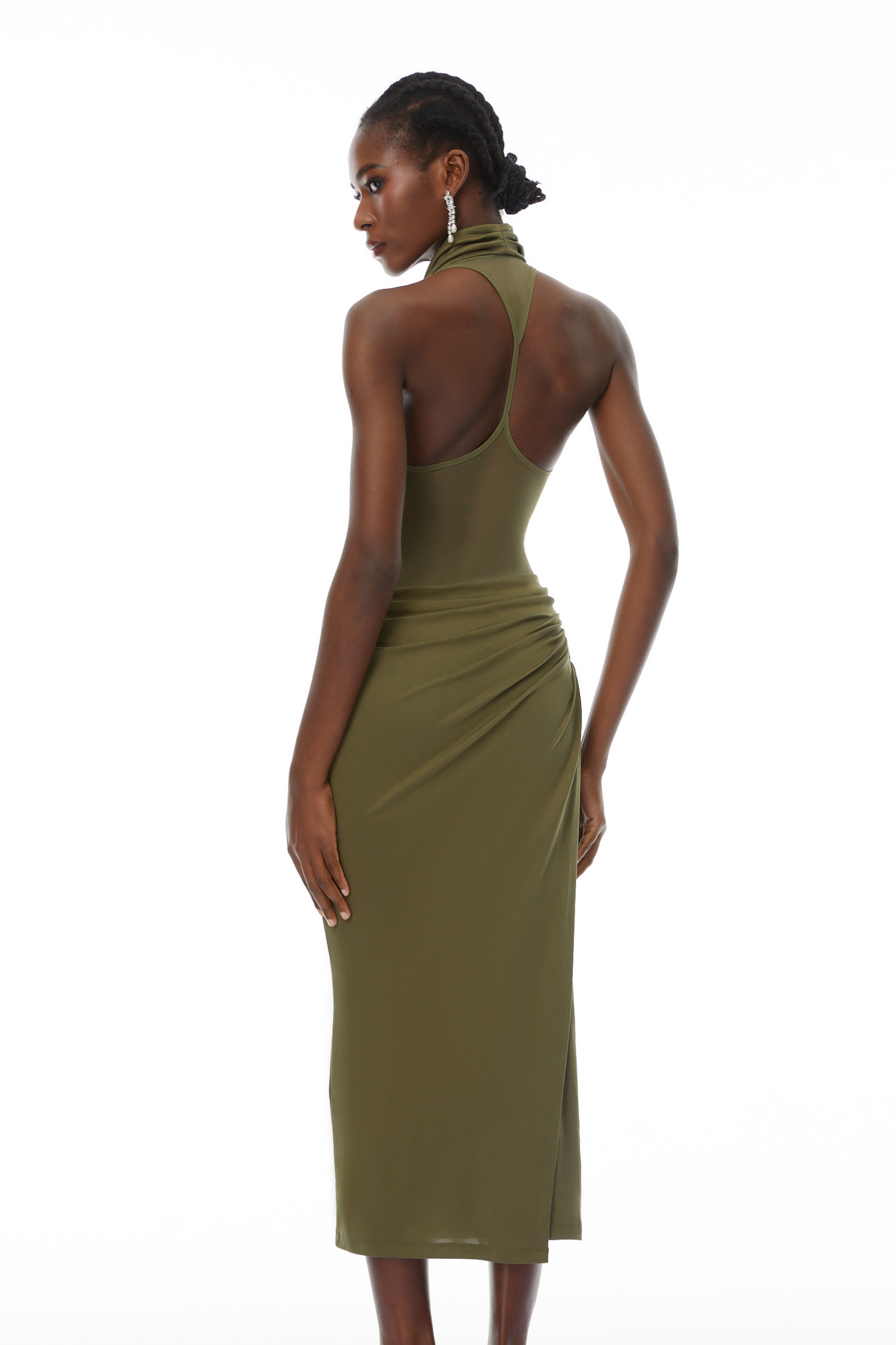 Selene Olive Halterneck Ruched Midi Dress (Final Sale)