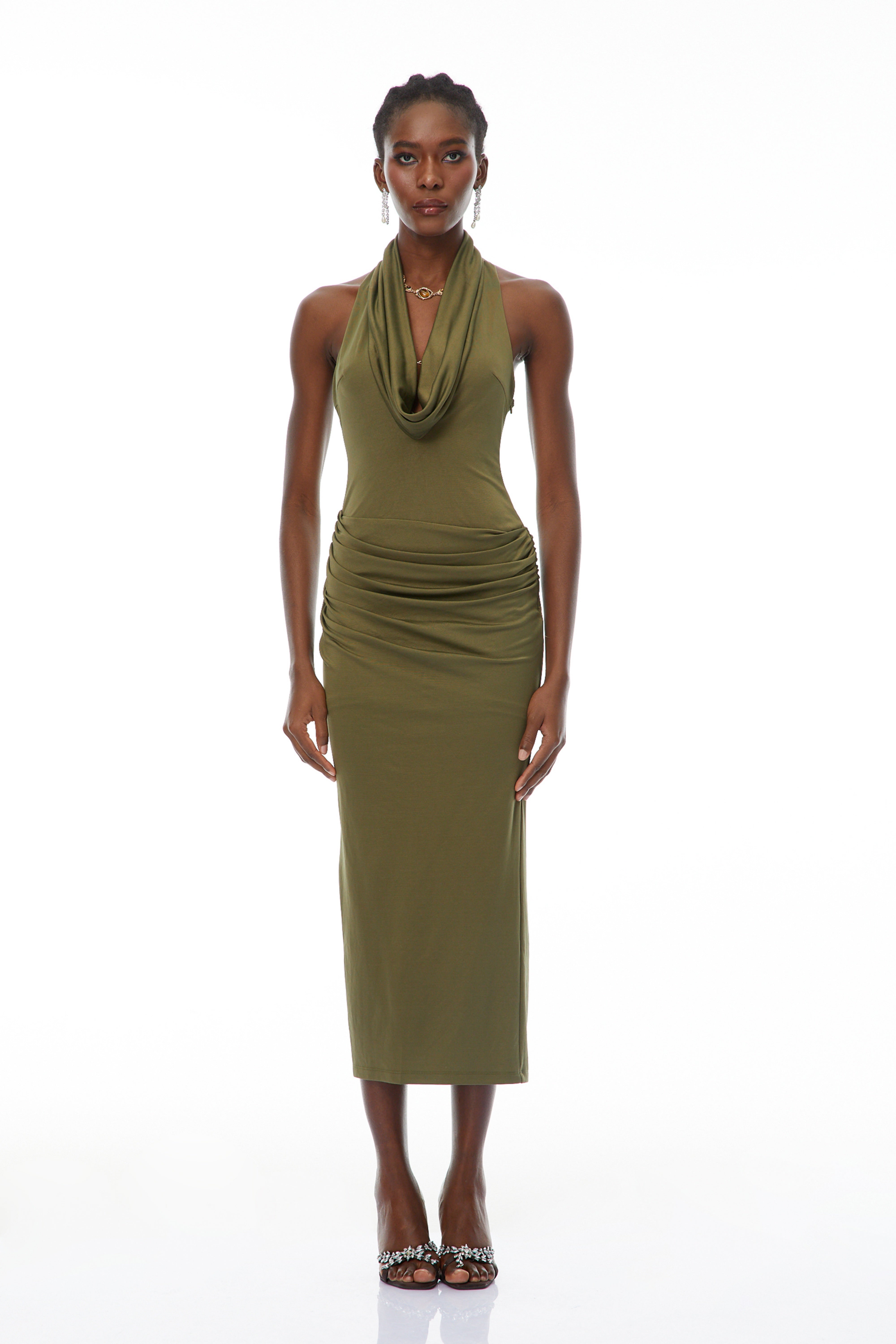 Selene Olive Halterneck Ruched Midi Dress (Final Sale)