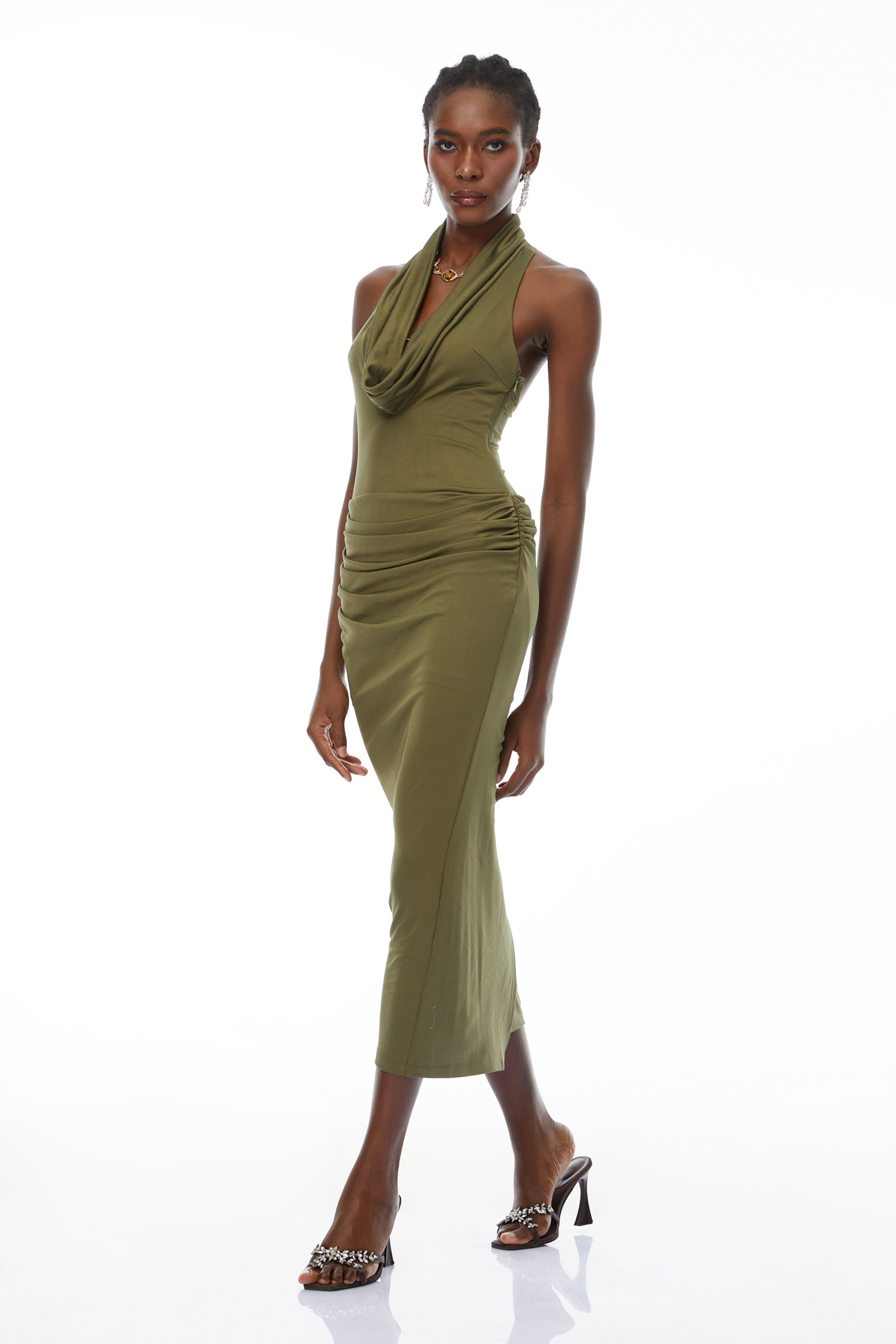 Selene Olive Halterneck Ruched Midi Dress (Final Sale)