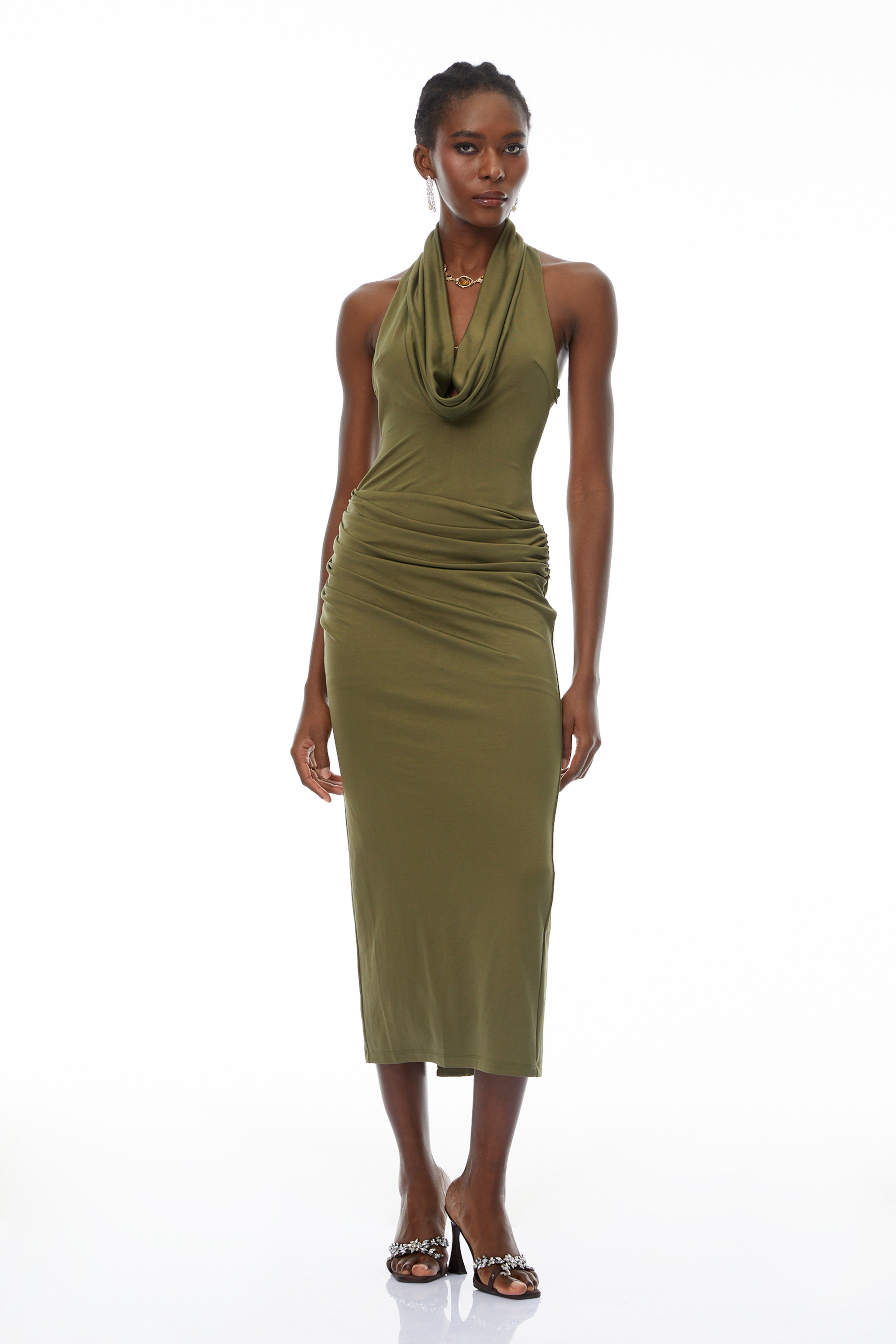 Selene Olive Halterneck Ruched Midi Dress (Final Sale)