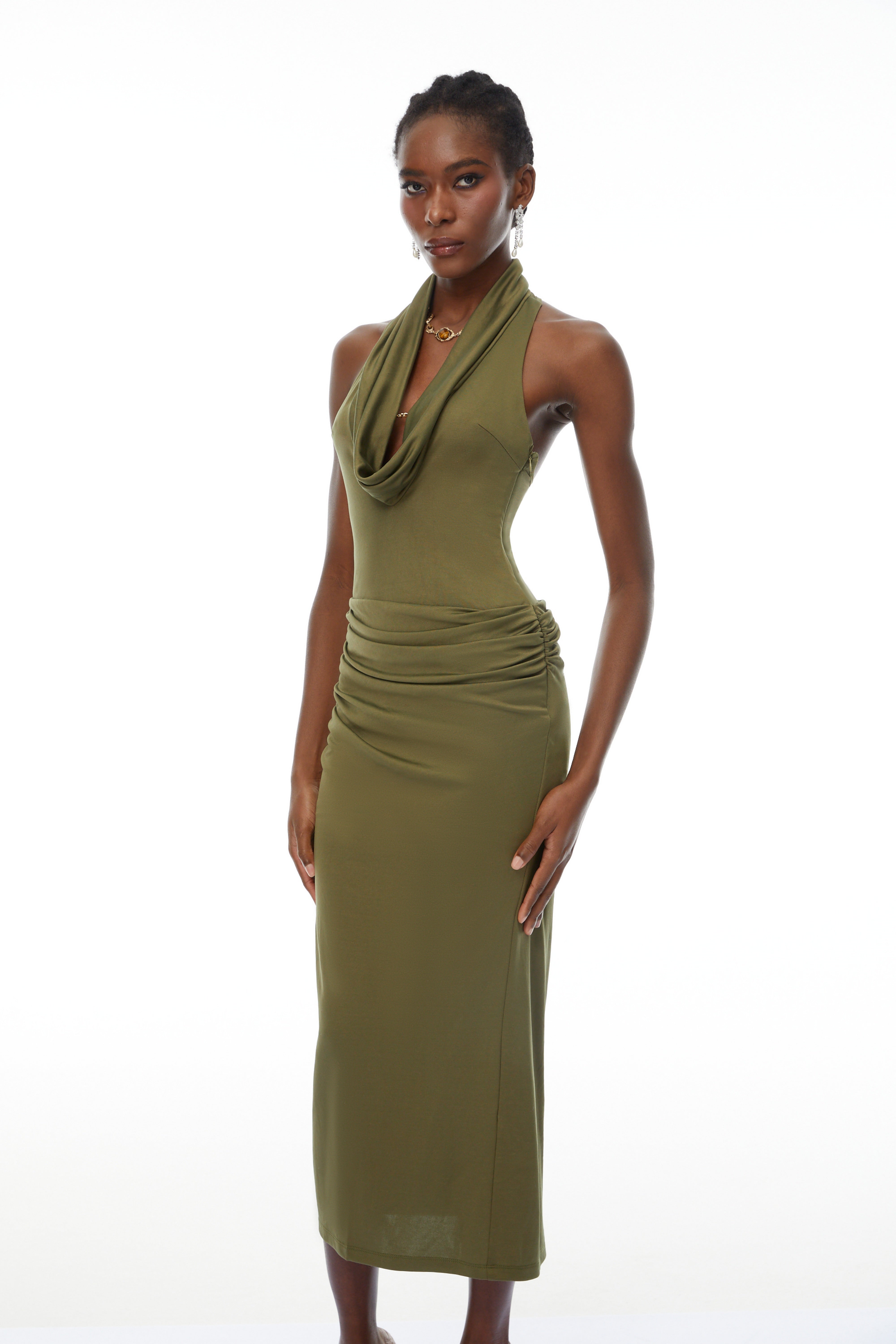 Selene Olive Halterneck Ruched Midi Dress (Final Sale)