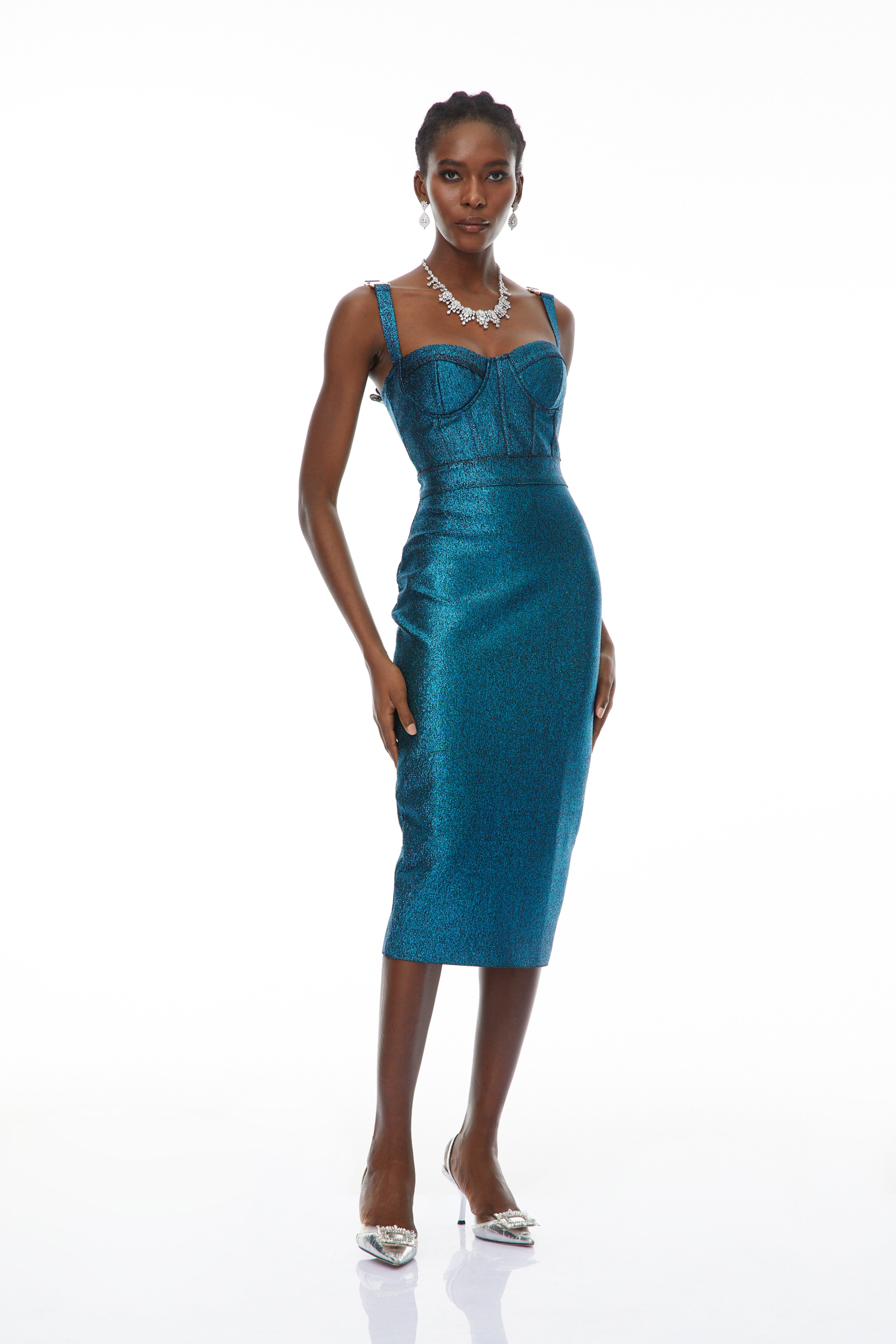 Edwina Blue Bandage Corset Midi Dress (Final Sale-US Only)