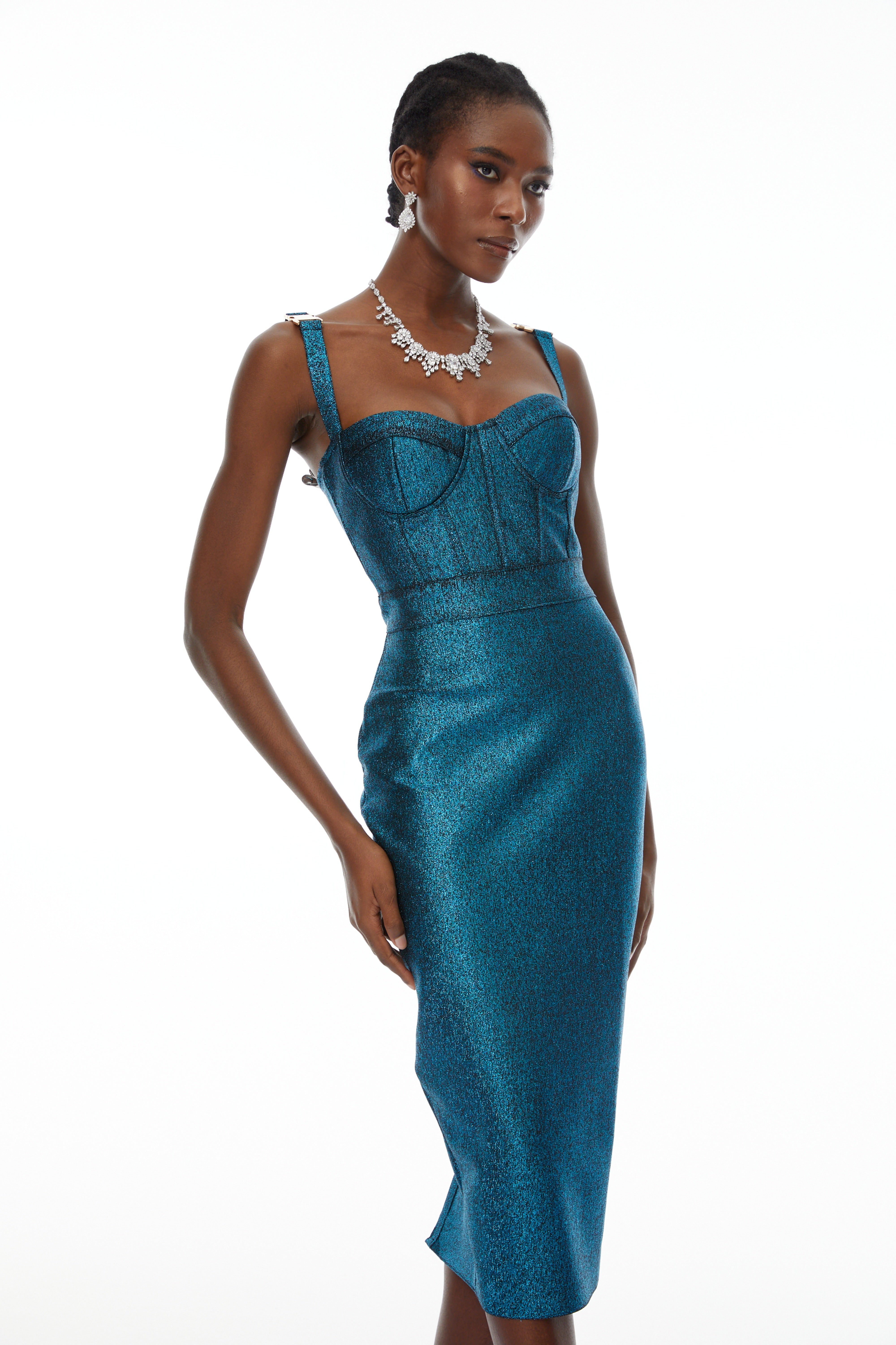 Edwina Blue Bandage Corset Midi Dress (Final Sale-US Only)