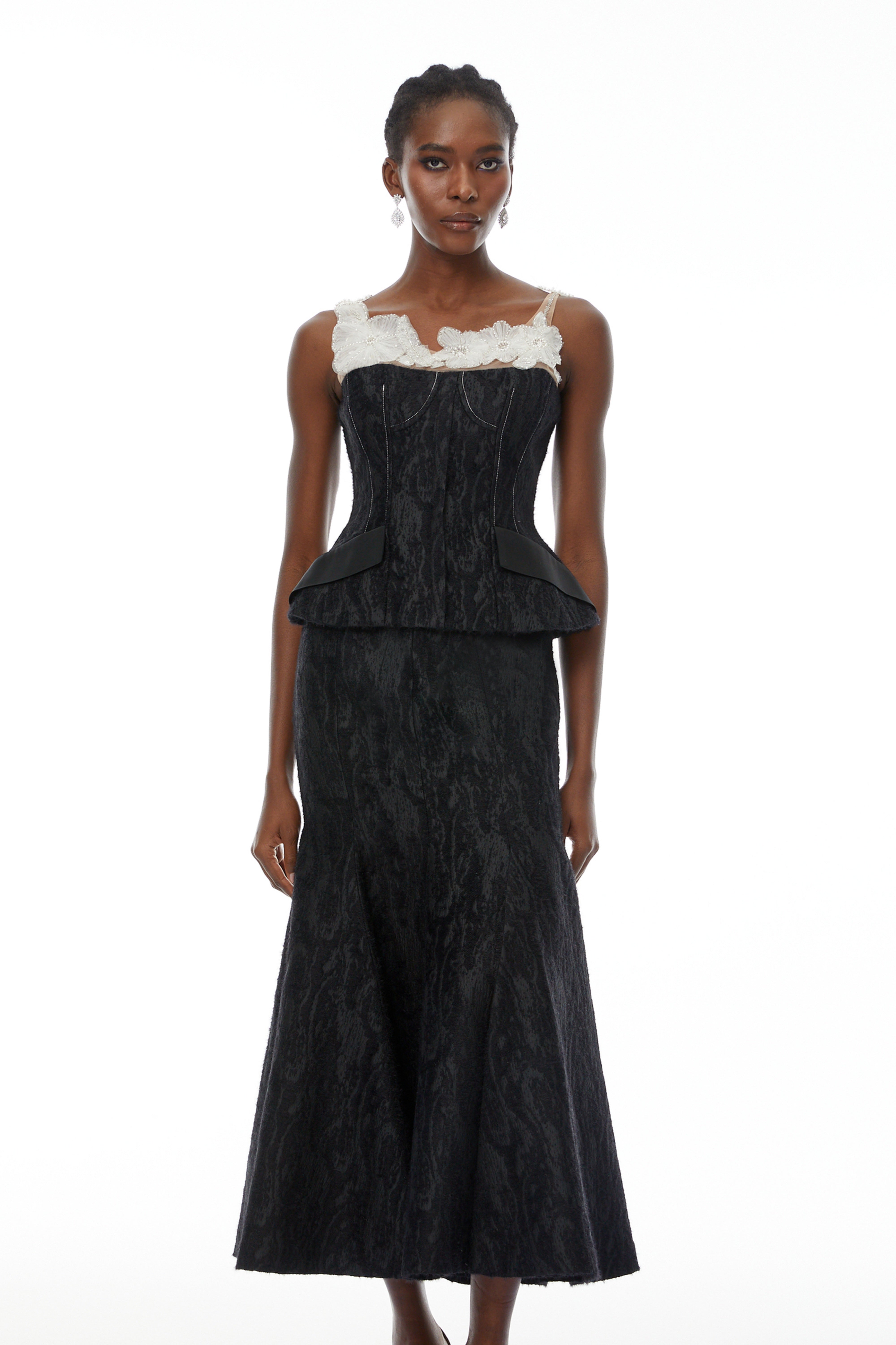 Mina Black Textured Strapless Top & Skirt Set