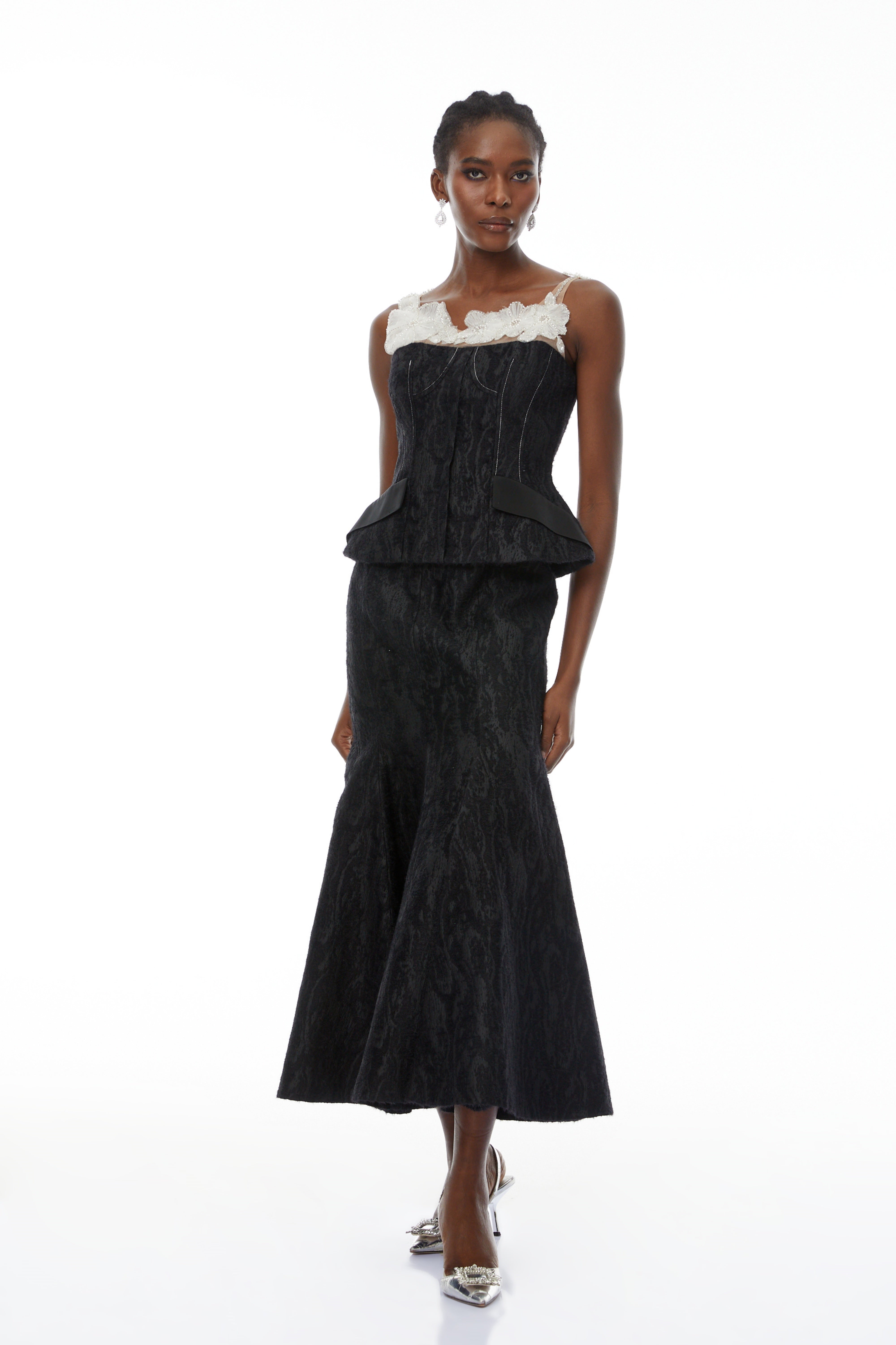 Mina Black Textured Strapless Top & Skirt Set