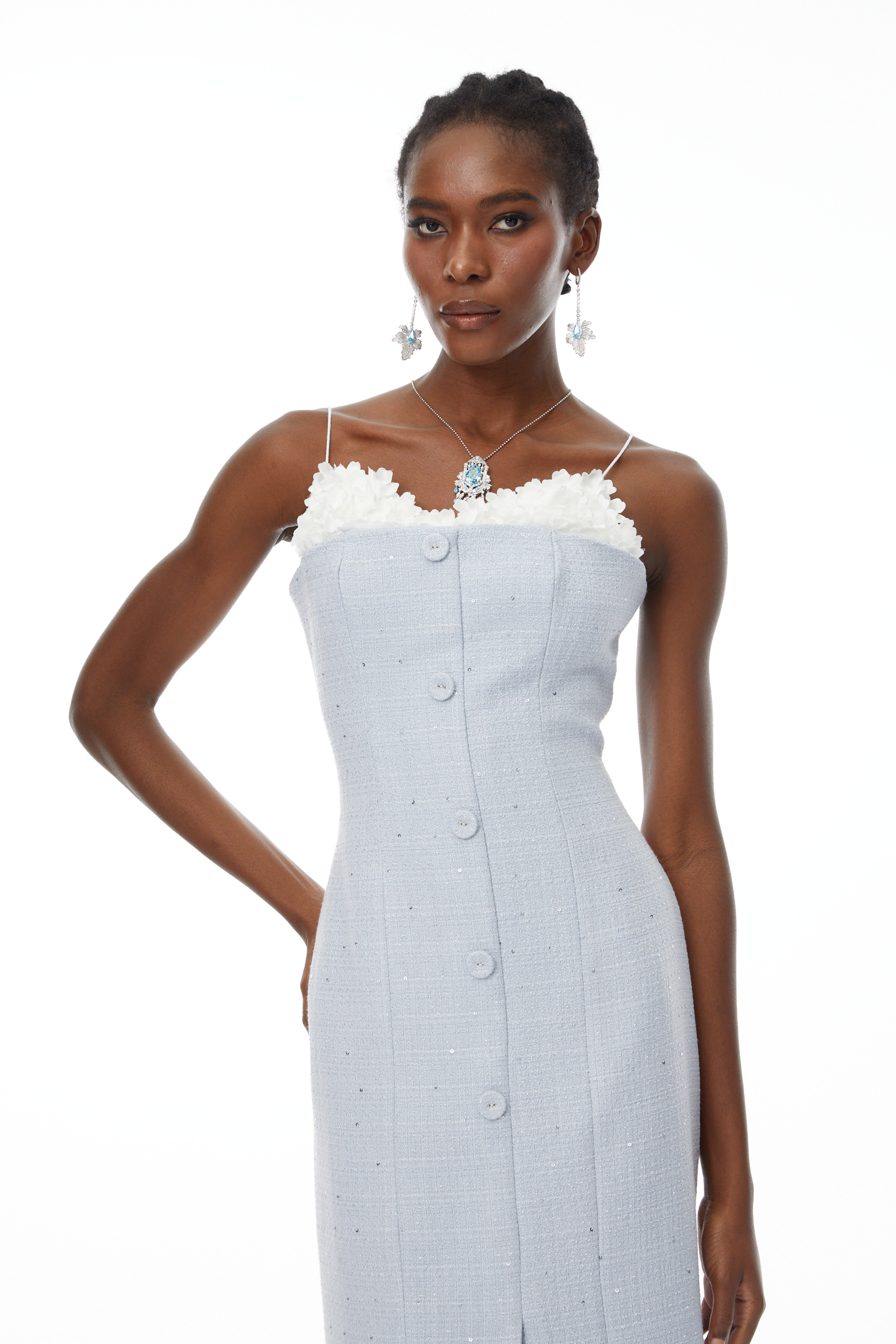 Célia Blue Tweed Midi Dress with Petal Trim