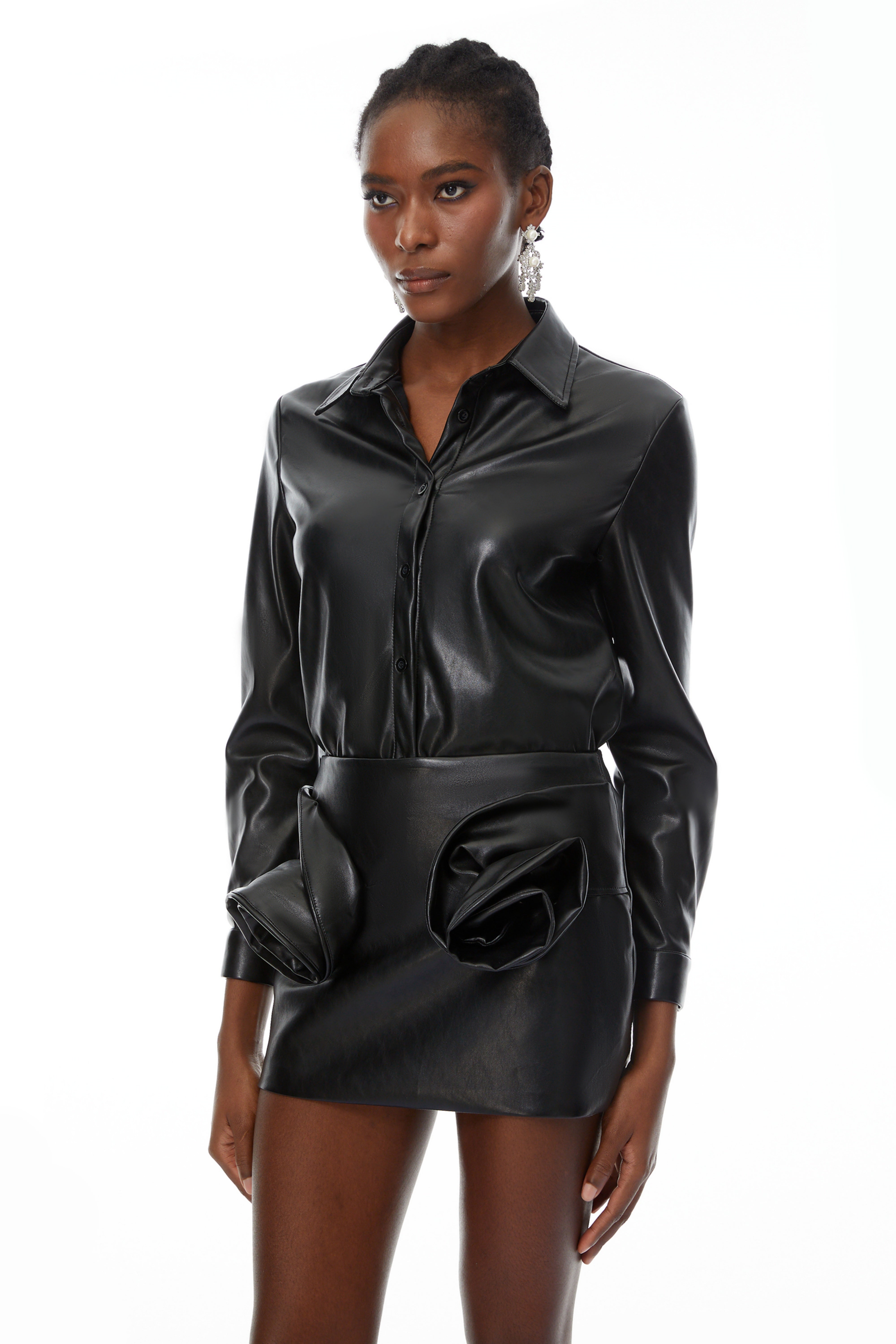Deborah Black Leather Blouse & 3D Petal Skirt Set