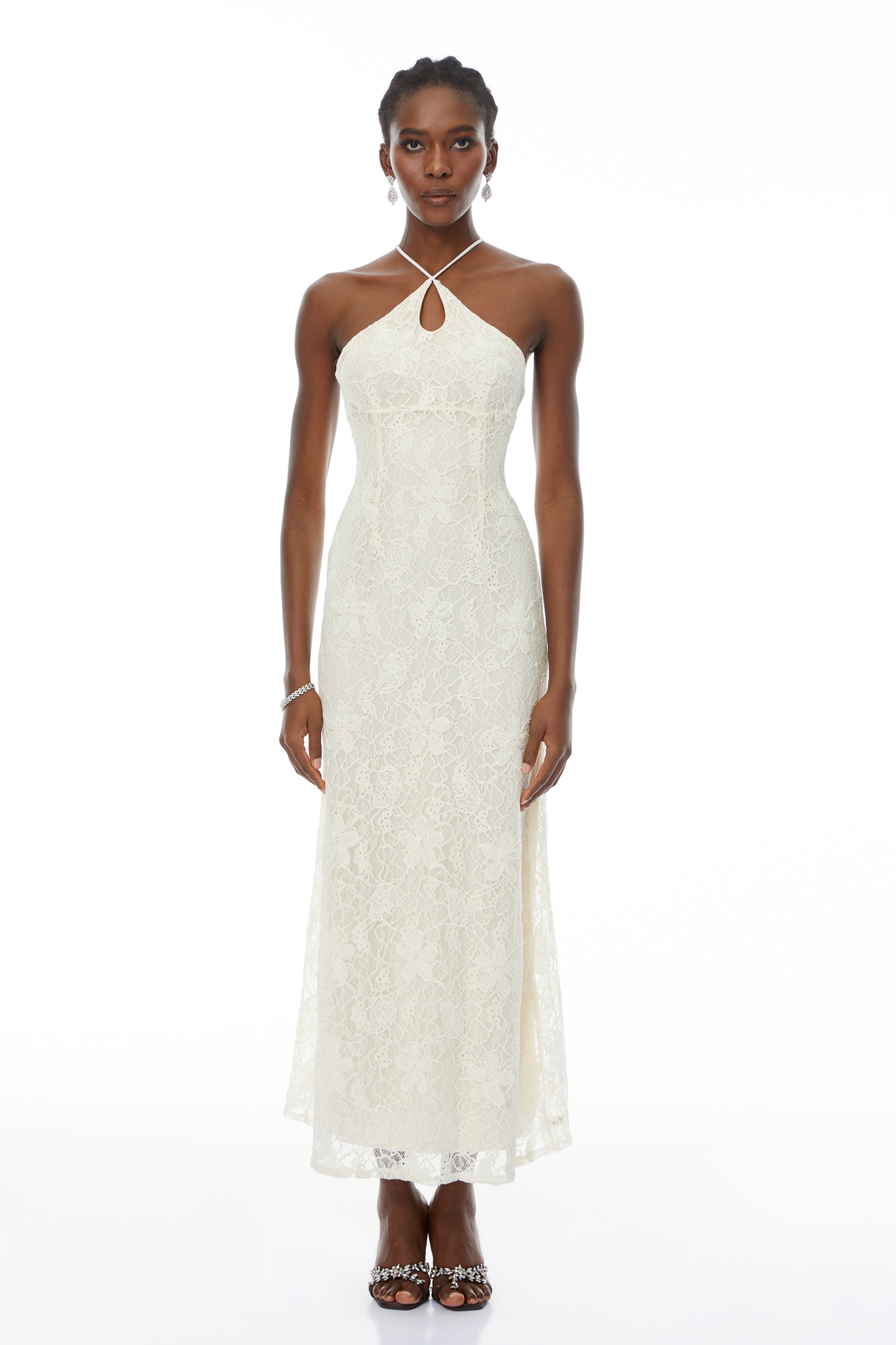 Milania White Halterneck Floral Lace Maxi Dress (Final Sale-US Only)