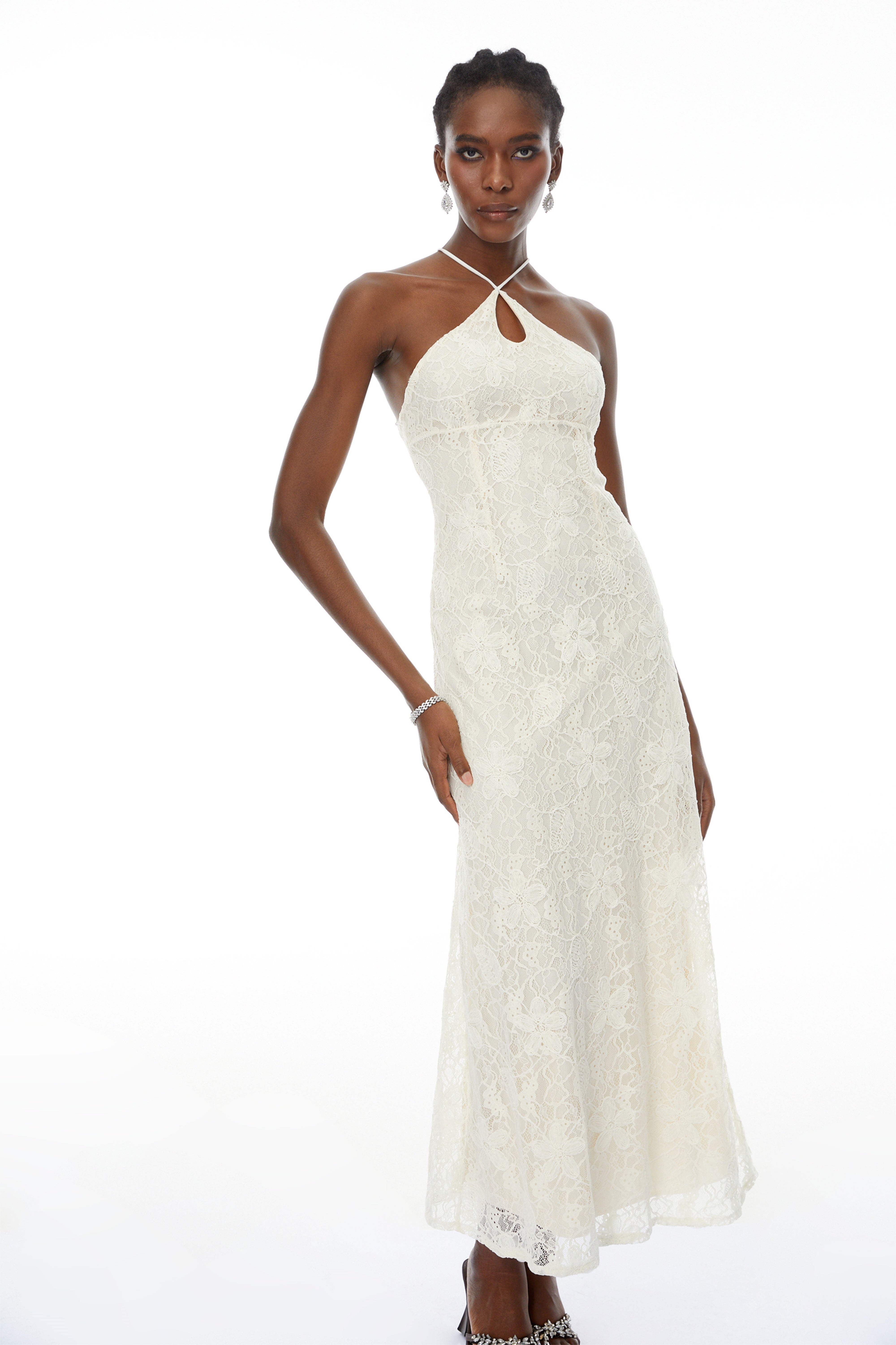 Milania White Halterneck Floral Lace Maxi Dress (Final Sale-US Only)