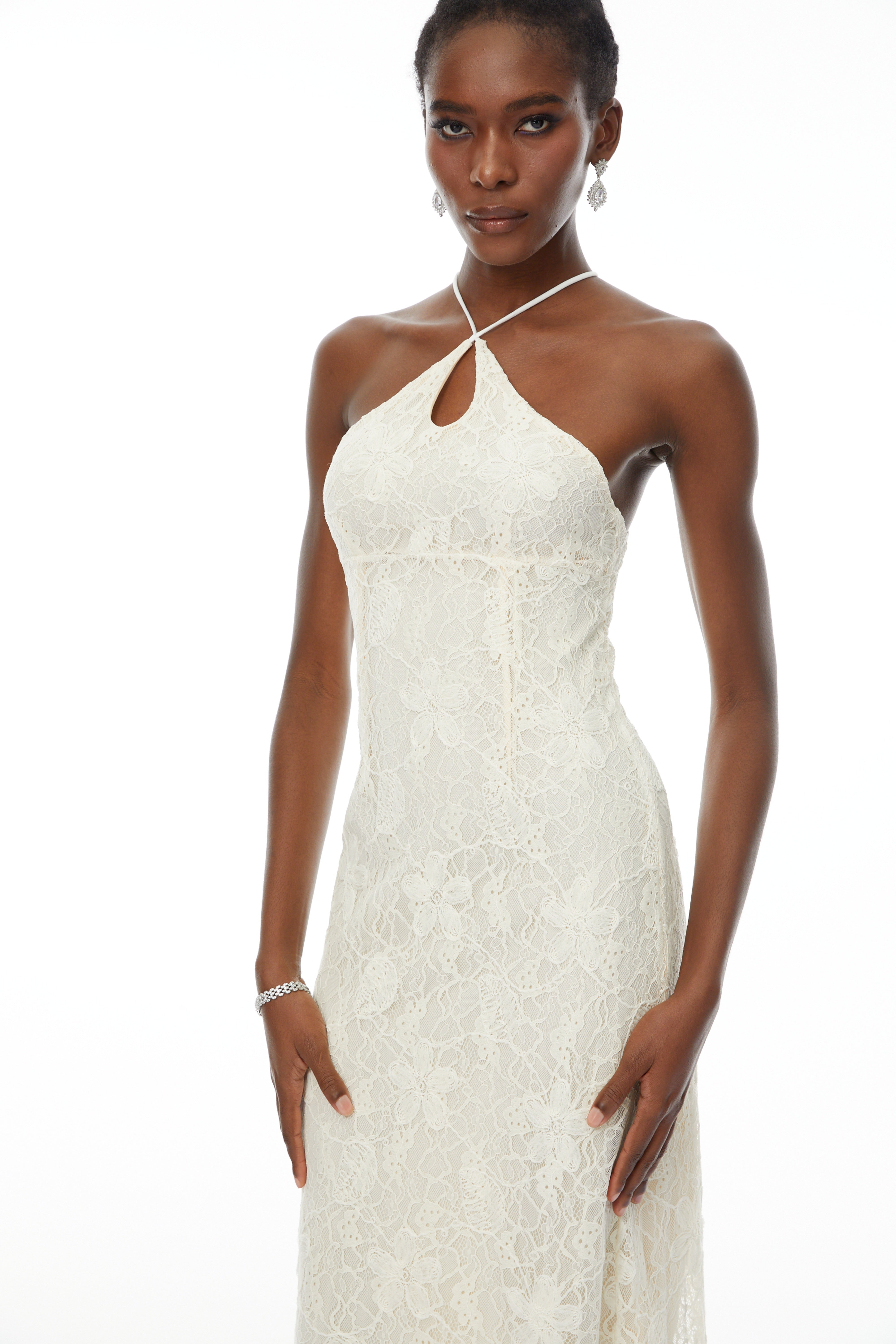 Milania White Halterneck Floral Lace Maxi Dress (Final Sale-US Only)