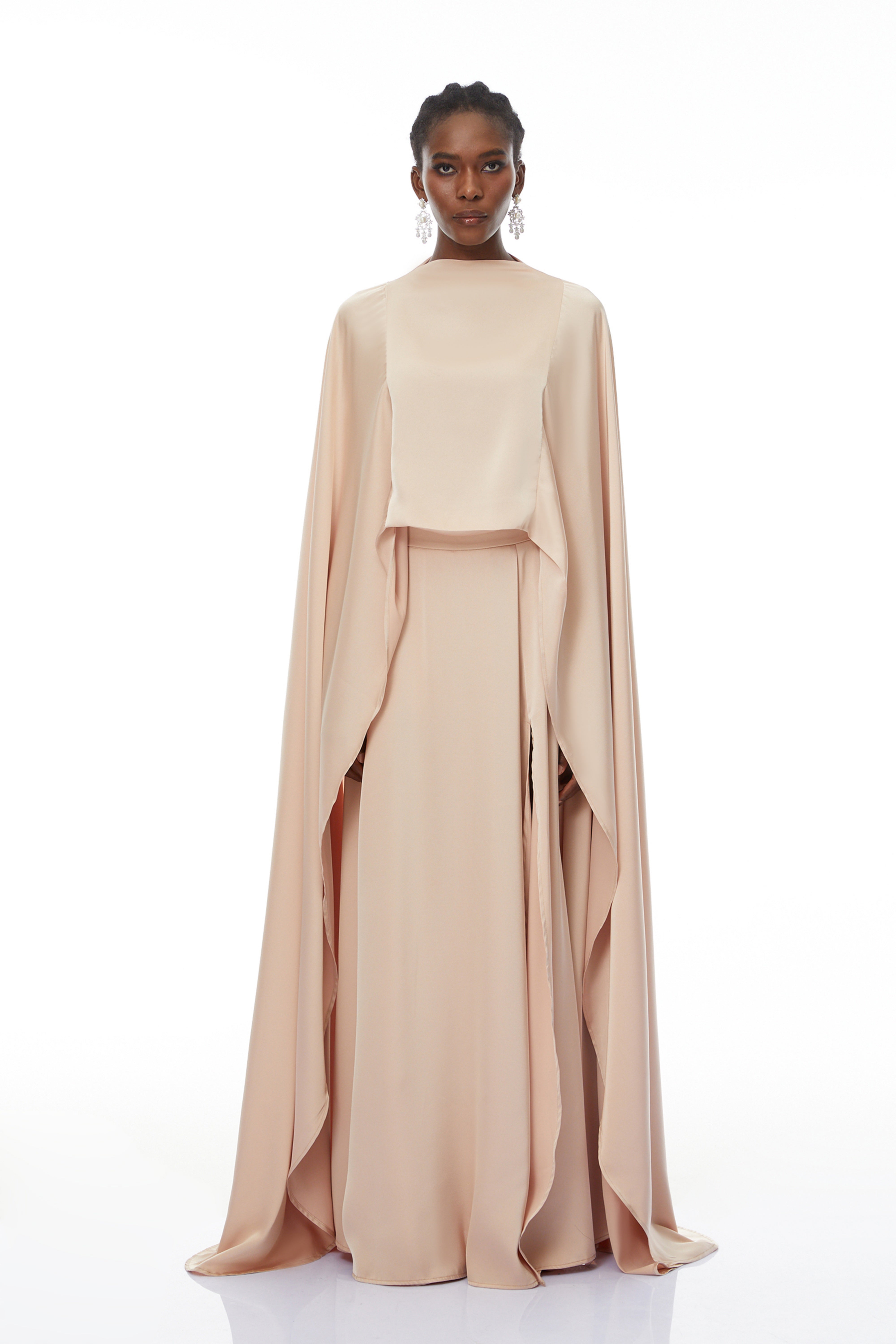 Everleigh Champagne Satin Top & Skirt Set With Cape Detail