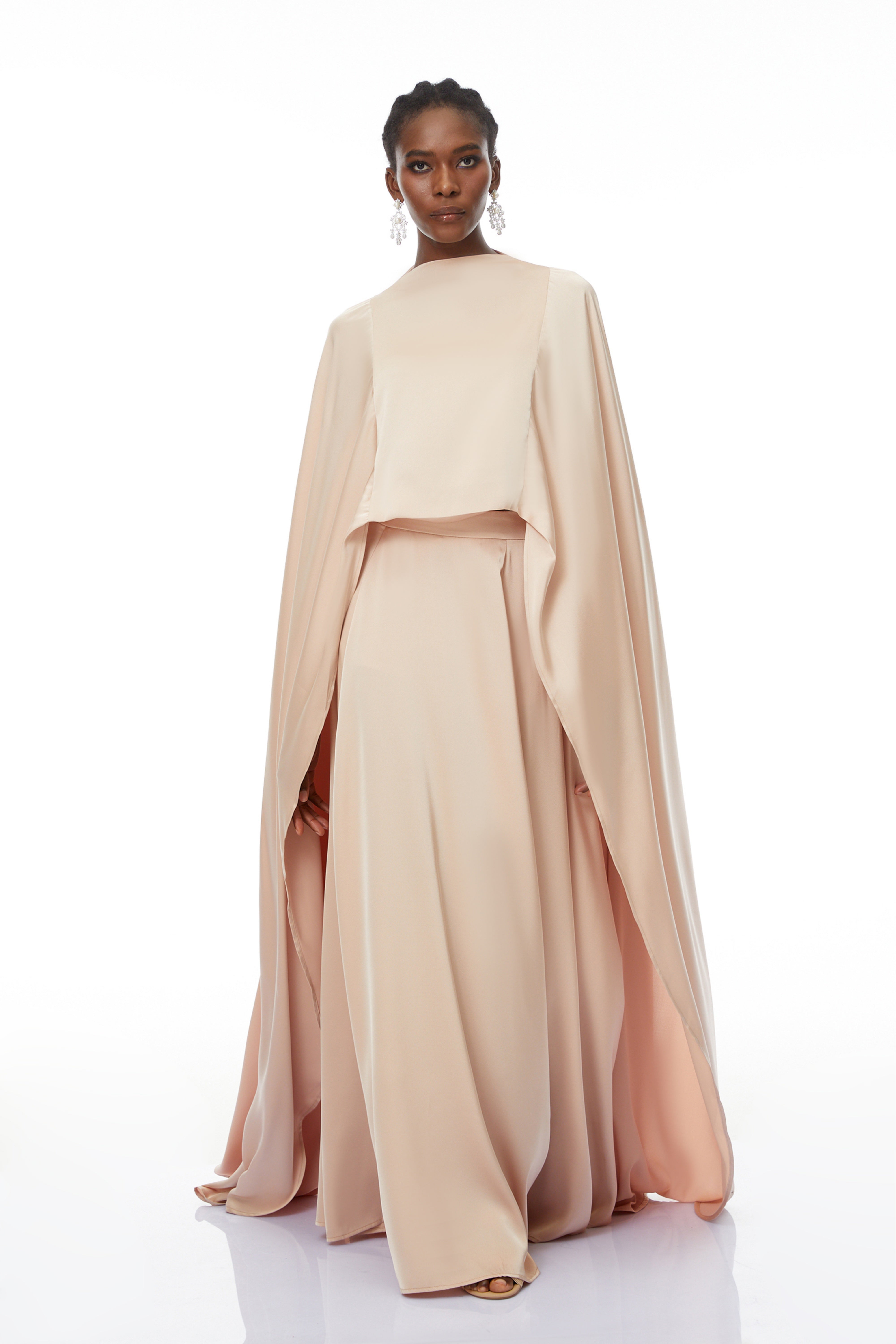 Everleigh Champagne Satin Top & Skirt Set With Cape Detail