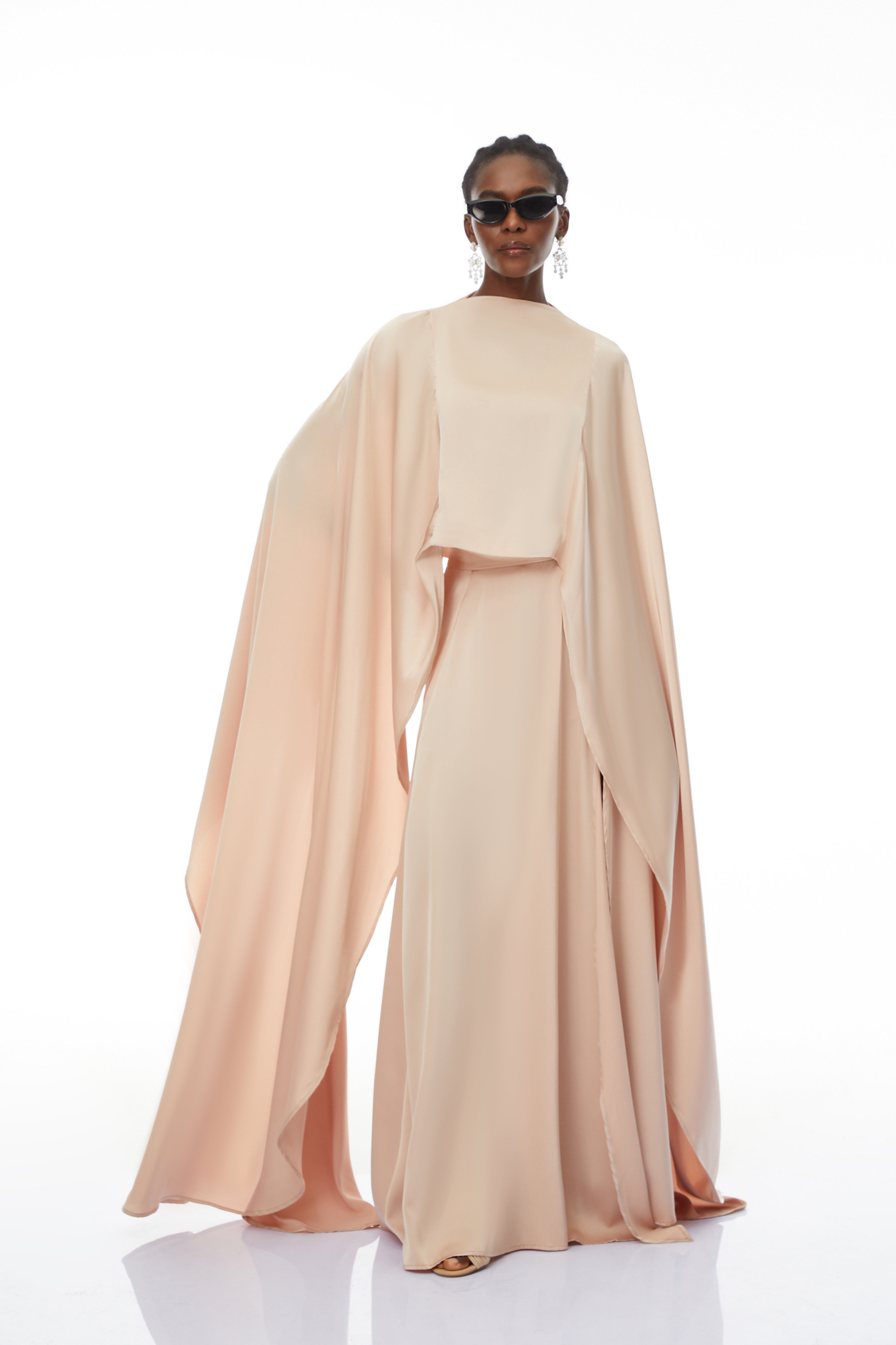Everleigh Champagne Satin Top & Skirt Set With Cape Detail