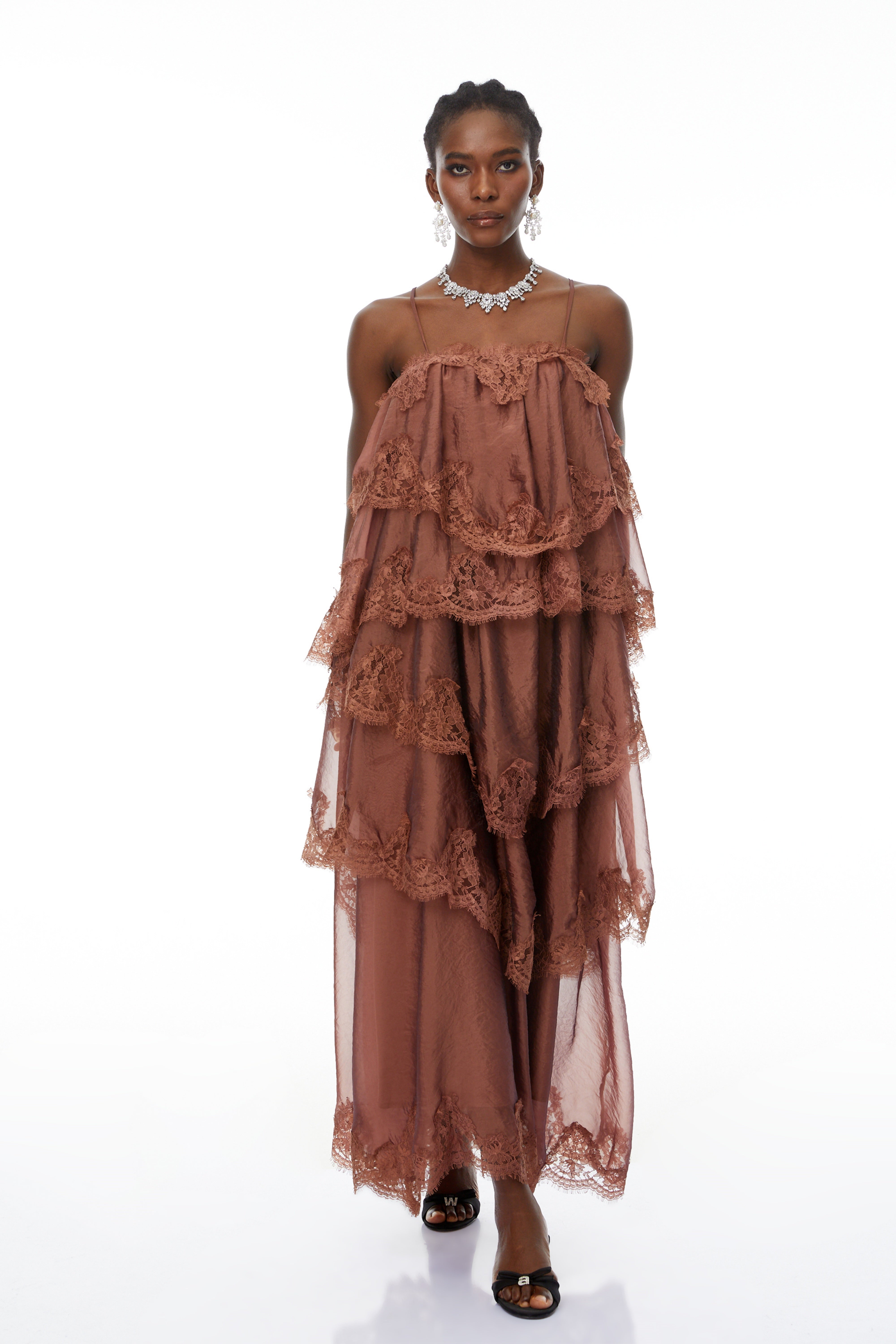 Sloane Brown Ruffled Lace Trim Maxi Dress (Final Sale-US Only)
