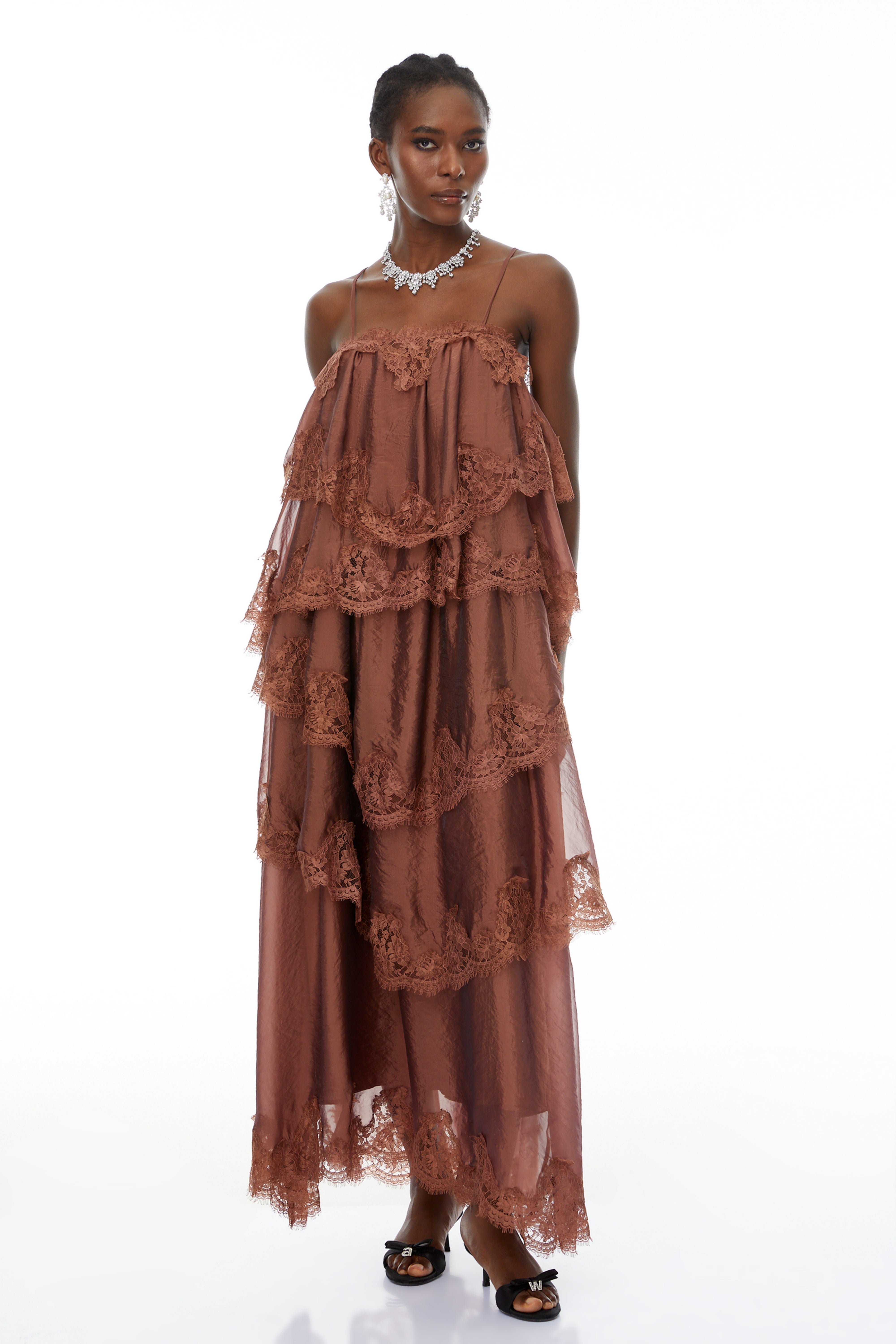 Sloane Brown Ruffled Lace Trim Maxi Dress (Final Sale-US Only)